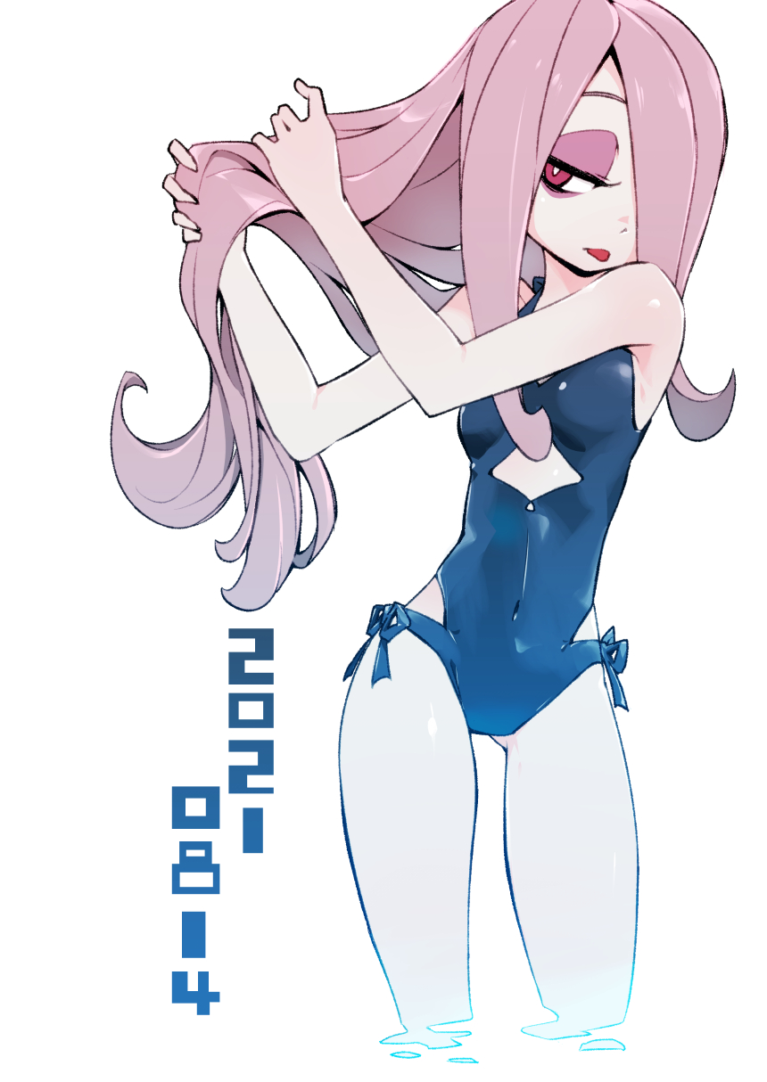 armpits, bare shoulders, blue swimsuit, breasts, bright pupils, covered navel, cropped legs, dark circles, dated, eyeshadow, feet out of frame, female, flipped hair, gluteal fold, hair over one eye, halterneck, highres, holding, holding hair, kou eno, little witch academia, long hair, makeup, one-piece swimsuit, pale skin, petite, pink eyes, pink hair, seductive, side-tie swimsuit, sidelocks, simple background, small breasts, smaller female, solo, sucy manbavaran, swimsuit, thigh gap, tongue, tongue out, very long hair, white background, young