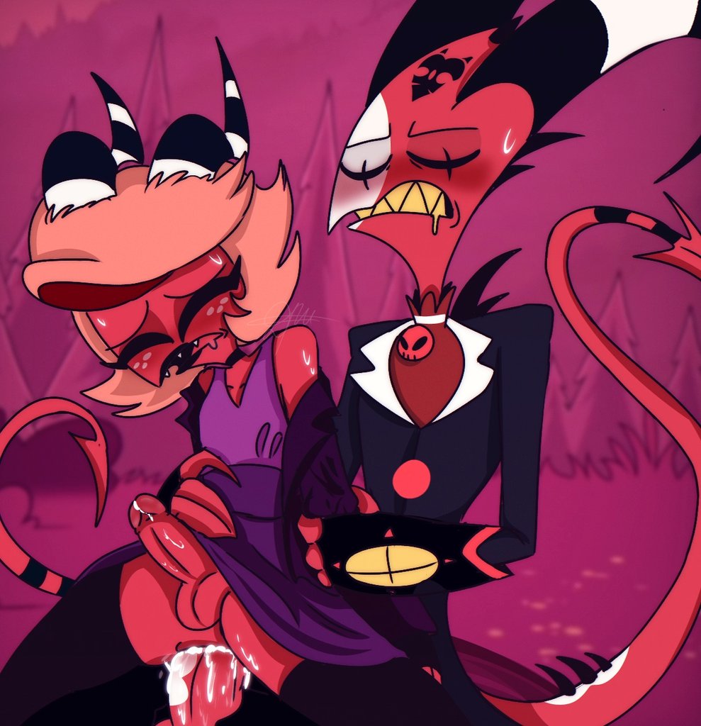 2boys, anal, anal sex, anthro, anthro on anthro, anthro only, anthro penetrated, anthro penetrating, anthro penetrating anthro, anthrofied, ass, balls, black tail, blitzo (helluva boss), bloxxie, bodily fluids, closed eyes, clothed, clothed sex, clothing, crossdressing, cum, cum in ass, cum inside, cum on penis, demon, erection, femboy, gay, genitals, helluva boss, horn, horns, imp, kkcq20yk0db5mak, legwear, long tail, male, male only, male penetrated, male penetrating, male penetrating male, male/male, moxxie (helluva boss), open mouth, penetration, penis, red skin, sharp teeth, tongue, tree, two-tone body, two-tone skin, two-tone tail, vivienne medrano, white body, white skin, white tail, yaoi