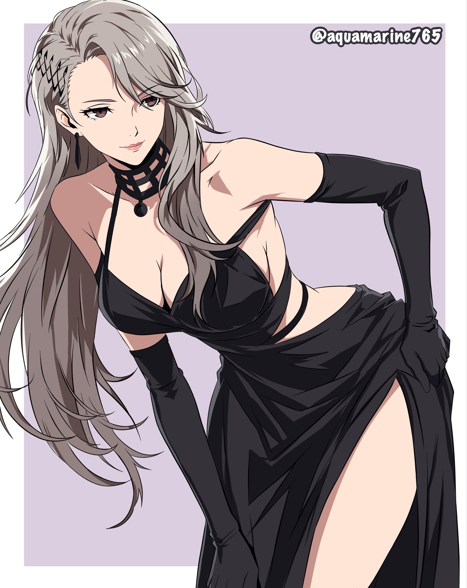2d, 2d (artwork), aquamarine725, arched back, artist logo, artist name, artist request, artist signature, bare back, breasts, child bearing hips, cleavage, cleavage cutout, elegant dress, elegant female, gloves, grey hair, grown up, hair over one eye, hourglass figure, hourglass figured female, leaning forward, long hair, mature, mature body, mature female, mature woman, necklace, older female, persona, persona 5, sae niijima, sideboob, slim waist, smiling, tagme, thick thighs, video game character, white background, wide hips