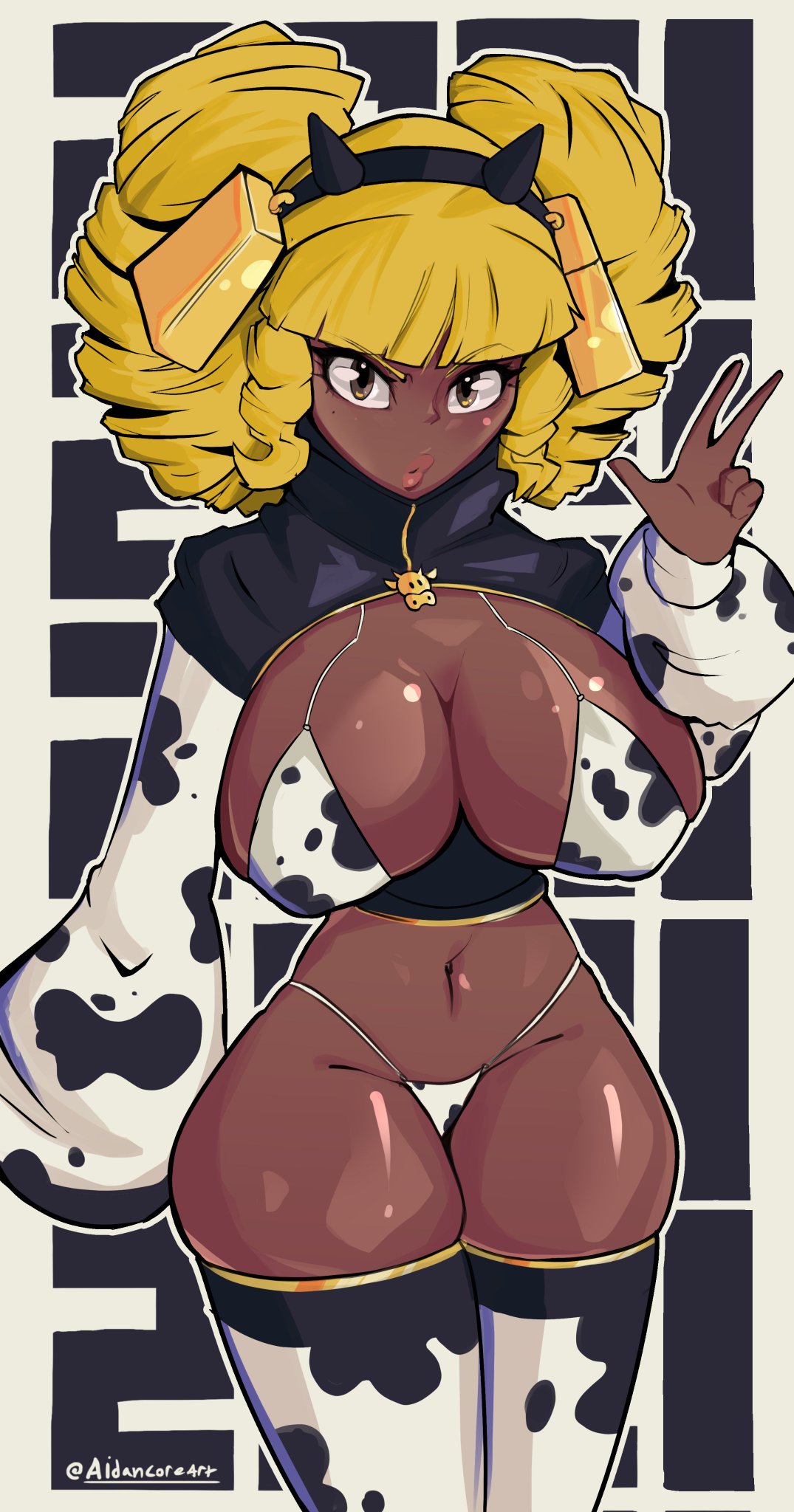 aidancore breasts cow_print cow_thighighs dark-skinned_female female female_focus female_only hamjam mika_(aidancore) original_character skimpy_clothes voluptuous yellow_hair