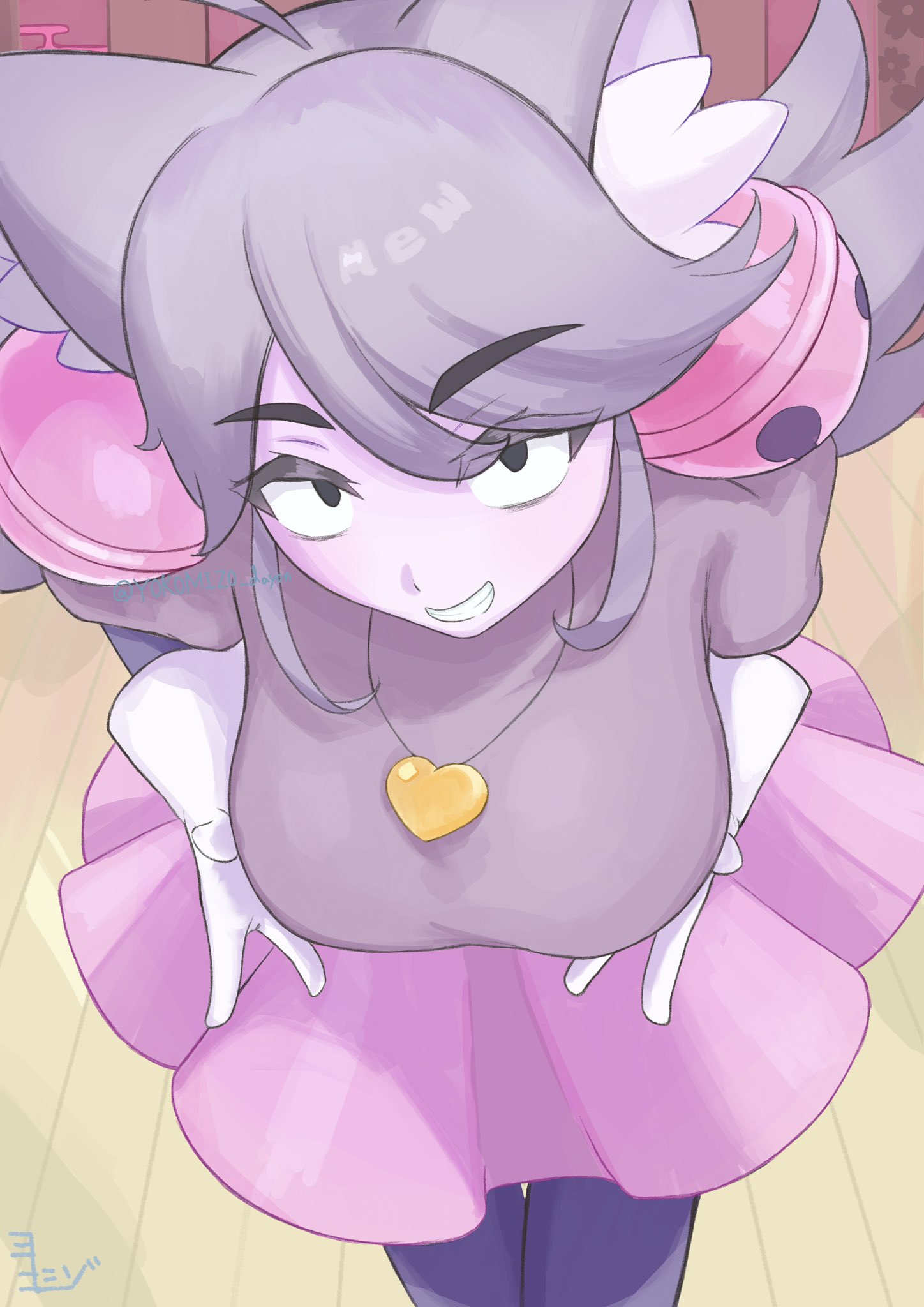1girls, bell, breasts, cat ears, cat tail, catgirl, cute, deltarune, female, female only, heart, holding breast, irritable ghost (deltarune), looking at viewer, mad mew mew, not porn, pink (deltarune), purple hair, purple skin, sfw, smile, smug, teeth, teeth showing, undertale (series)