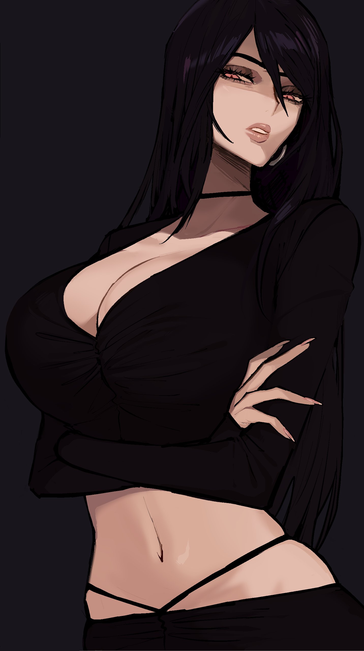 1girls, asian, black background, black hair, brown eyes, choker, cleavage, crossed arms, disappointed, ennuigrl, erato (ennuigrl), female, female only, goth, hi res, hoop earrings, long hair, looking down, narrowed eyes, red eyes, slit pupils, solo, solo female