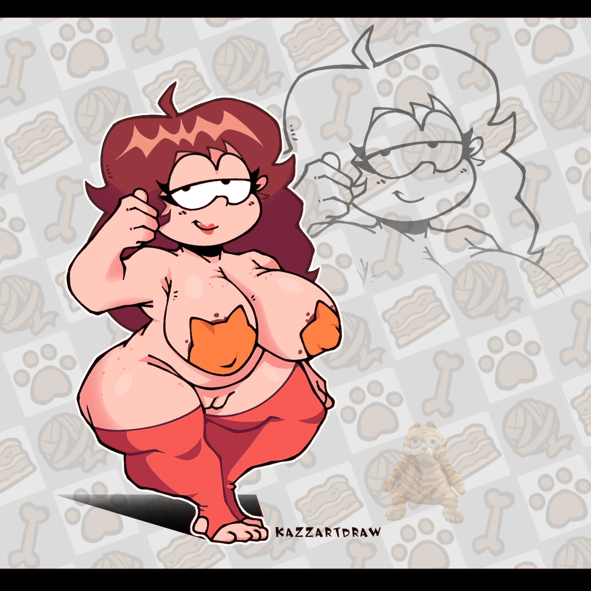 big breasts, brown hair, chubby, chubby belly, chubby female, covered nipples, erect nipples, fat pussy, friday night funkin, friday night funkin mod, girlfriend (friday night funkin), heavy breasts, huge breasts, kazzartdraw, large breasts, lipstick, long hair, long socks, looking at viewer, nipple bulge, nipples visible through clothing, pussy, smiling, smiling at viewer, thick thighs, thighhighs, thighs