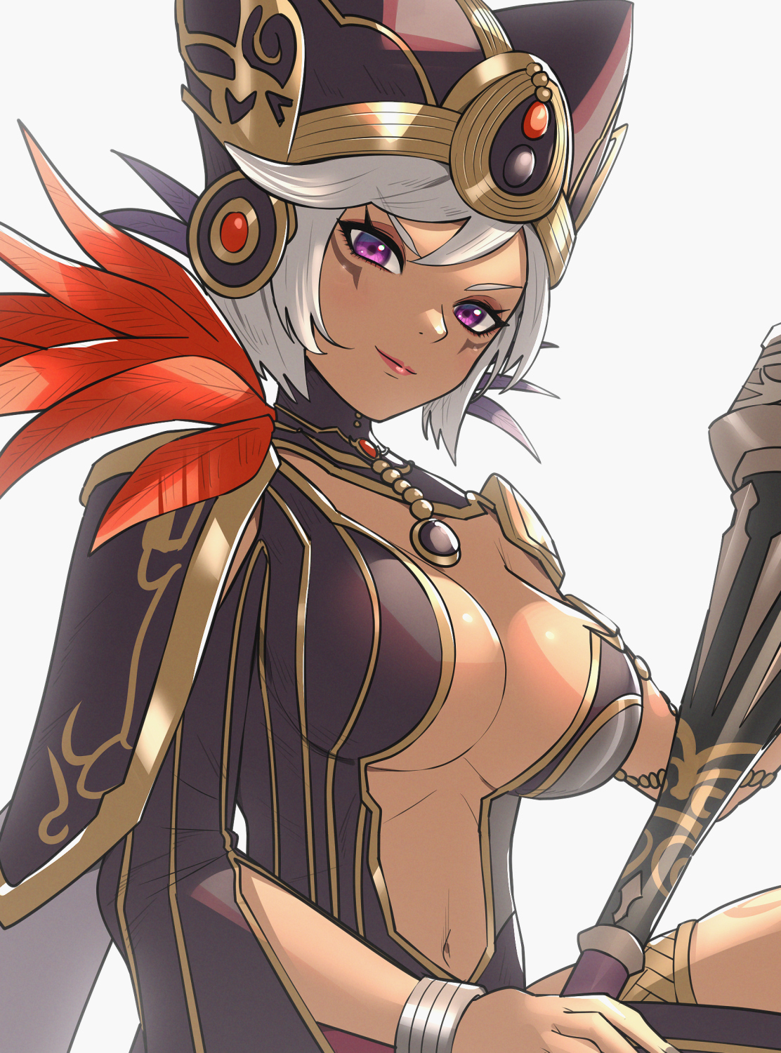 1girls, belly, belly button, big breasts, breasts, cia (the legend of zelda), cleavage, cleavage cutout, color, colored, dark skin, dark-skinned female, feathers, female, female only, gonzarez, hyrule warriors, hyrule warriors definitive edition, jewelry, looking at viewer, makeup, pink lips, pink lipstick, purple eyes, short hair, simple background, solo, solo female, tagme, the legend of zelda, white background, white hair