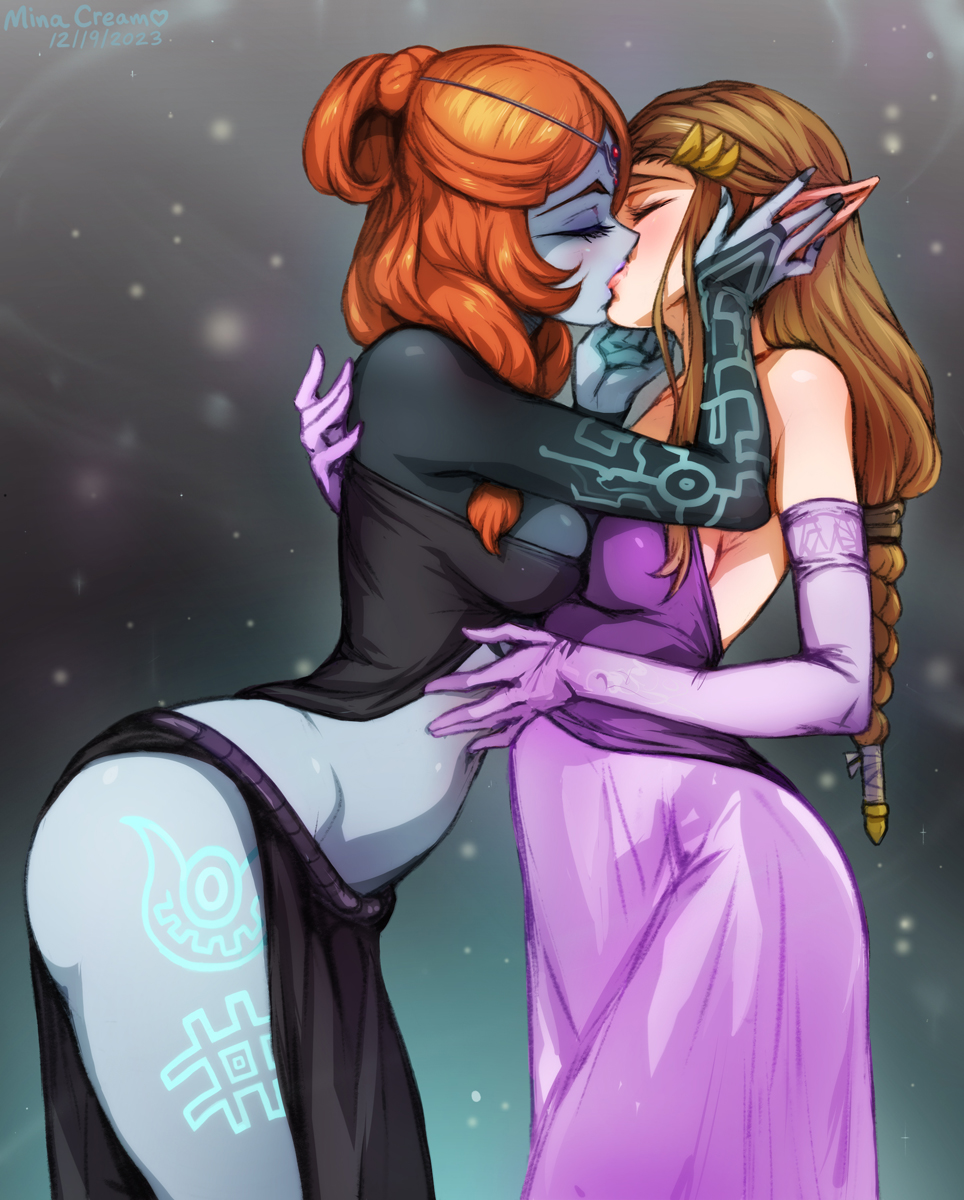 2girls, ass, breasts, brown hair, dress, eyes closed, female, female focus, female only, gloves, grey body, kiss, kissing, lesbian, lesbian kiss, lipstick, long hair, midna, midriff, minacream, nail polish, nintendo, orange hair, pointy ears, princess zelda, tagme, tattoo, the legend of zelda, thick thighs, tied hair, twili midna, wide hips, yuri, zelda (twilight princess)