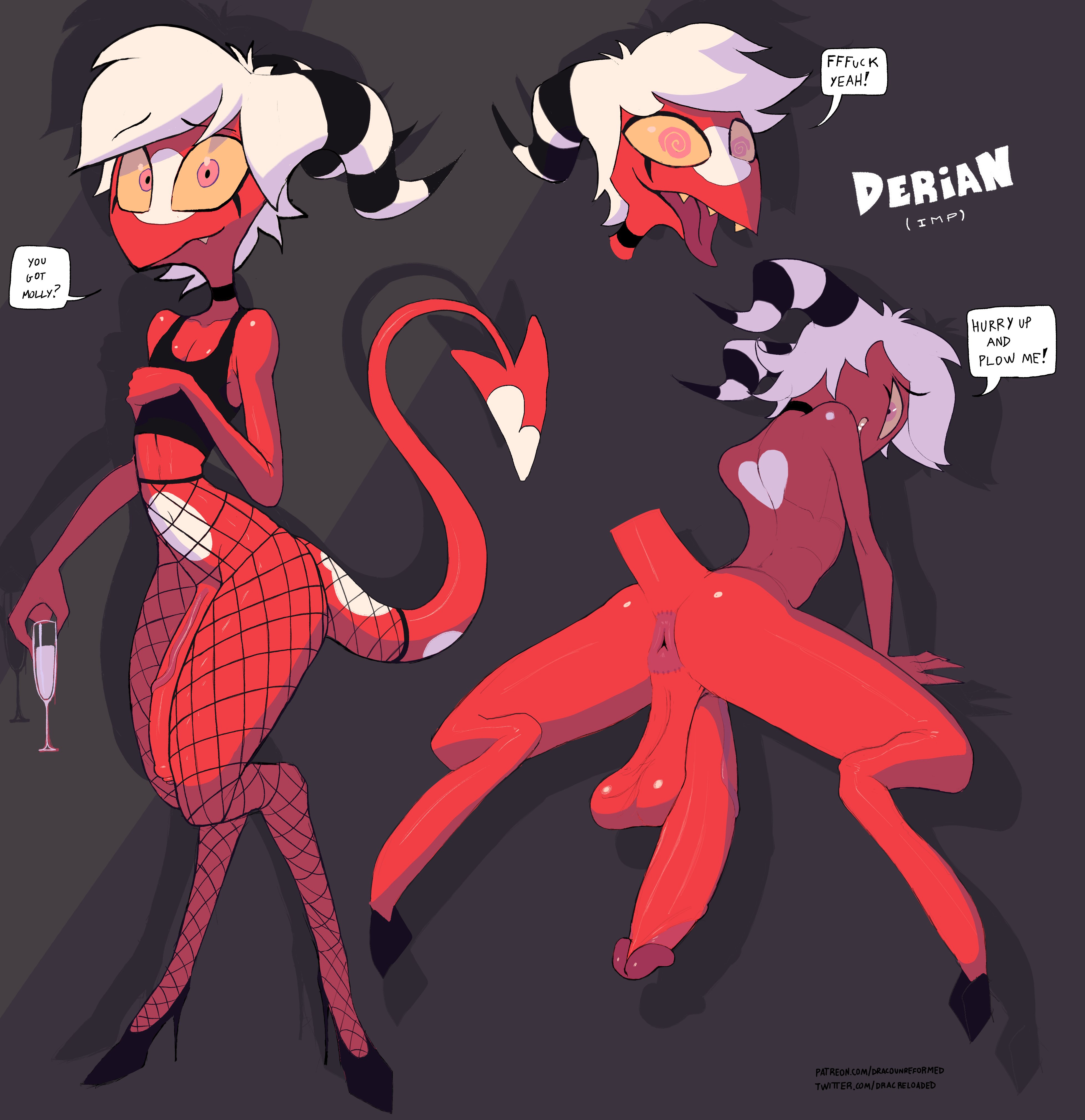 1boy, alcohol, anus, arched back, ass, backsack, balls, ballsack, bent over, big ass, big balls, big penis, black high heels, bottom, bussy, choker, cock, demon, derian (shiftyjack95), dracreloaded, drugged, drugs, femboy, fishnet pantyhose, fishnets, gay, girly, helluva boss, high heels, hooves, horns, huge cock, hung trap, imp, leaning forward, looking at viewer, low hanging balls, male, male only, naked, nude, open mouth, original character, penis, penis to the knees, presenting, presenting anus, presenting ass, presenting hindquarters, puffy anus, red skin, speech bubble, spread ass, tail, text, thick thighs, tongue, tongue out, top, vein, white hair, yellow sclera