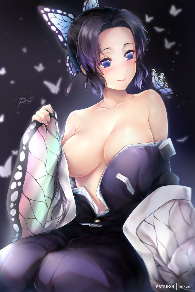 bare_shoulders big_breasts breasts breasts_out butterfly butterfly_hair_ornament clothing covered_nipples dark_hair demon_slayer female female_only haori kimetsu_no_yaiba kochou_shinobu open_clothes partially_undressed purple_eyes purple_hair rei_kun smile solo