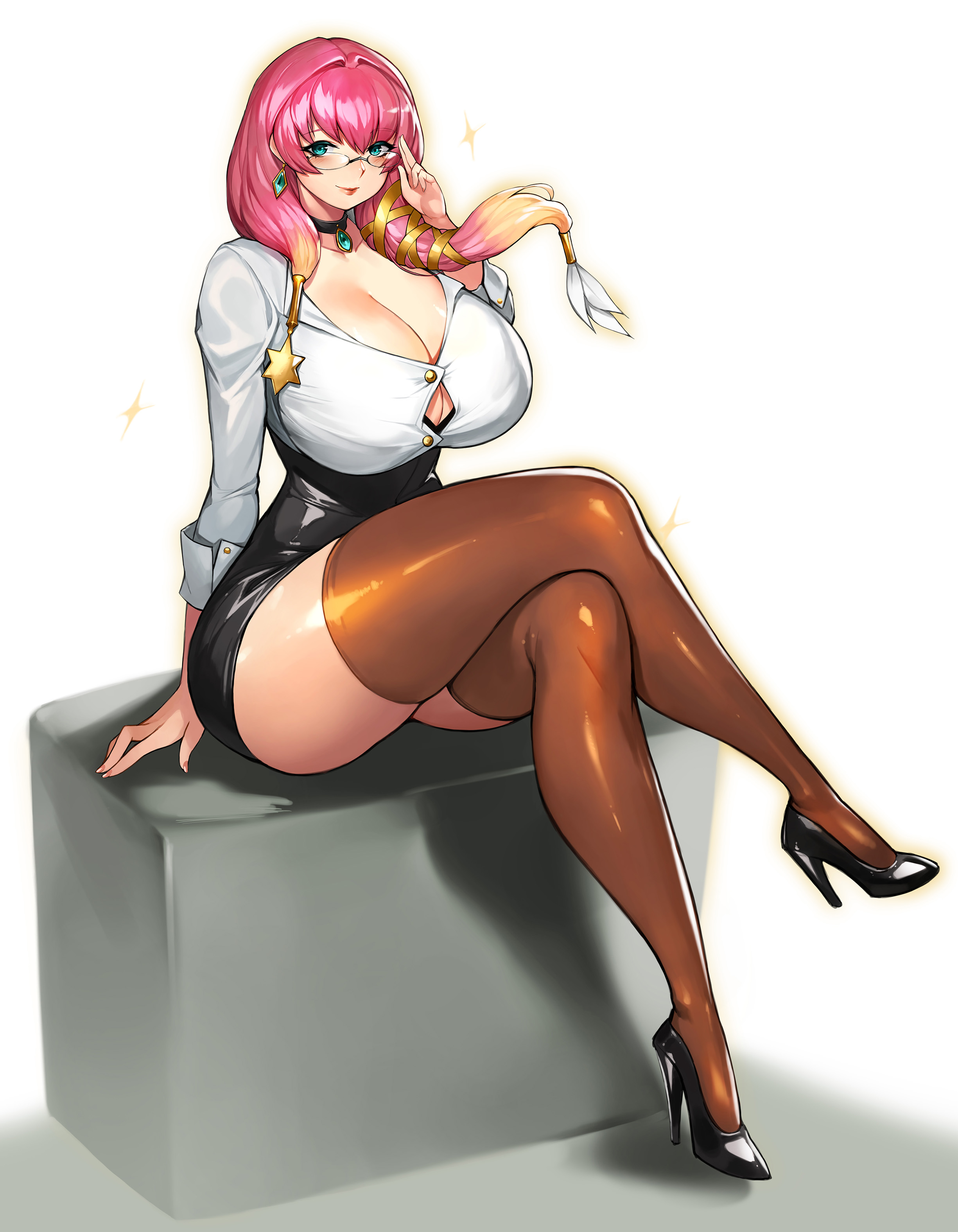 1girls, absurdres, alternate breast size, alternate costume, bangs, big breasts, black footwear, black legwear, blonde hair, blue eyes, blush, breasts, buttons, choker, cleavage, closed mouth, collarbone, commentary, crossed legs, curvy, earrings, eyebrows visible through hair, female, fire emblem, fire emblem heroes, full body, glasses, gradient, gradient hair, gunnthra (fire emblem), gurimjang, hair ornament, hand up, high heels, highres, huge breasts, jewelry, large breasts, lips, long hair, long sleeves, multicolored hair, nintendo, office lady, pink hair, shadow, shiny, shiny clothes, shiny hair, shiny skin, shirt, simple background, sitting, smile, solo, thighhighs, thighs, tied hair, two-tone hair, white shirt