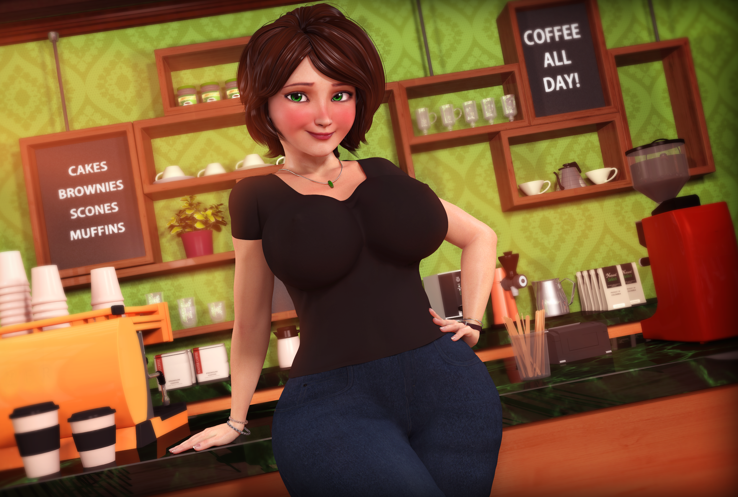 1girls, 3d, ass, auburn hair, big ass, big breasts, big hero 6, blush, bracelet, breasts, cass hamada, coffee shop, disney, female, female only, green eyes, large ass, marvel, marvel comics, milf, necklace, rasmus-the-owl, solo, tagme, text, thick thighs, wide hips