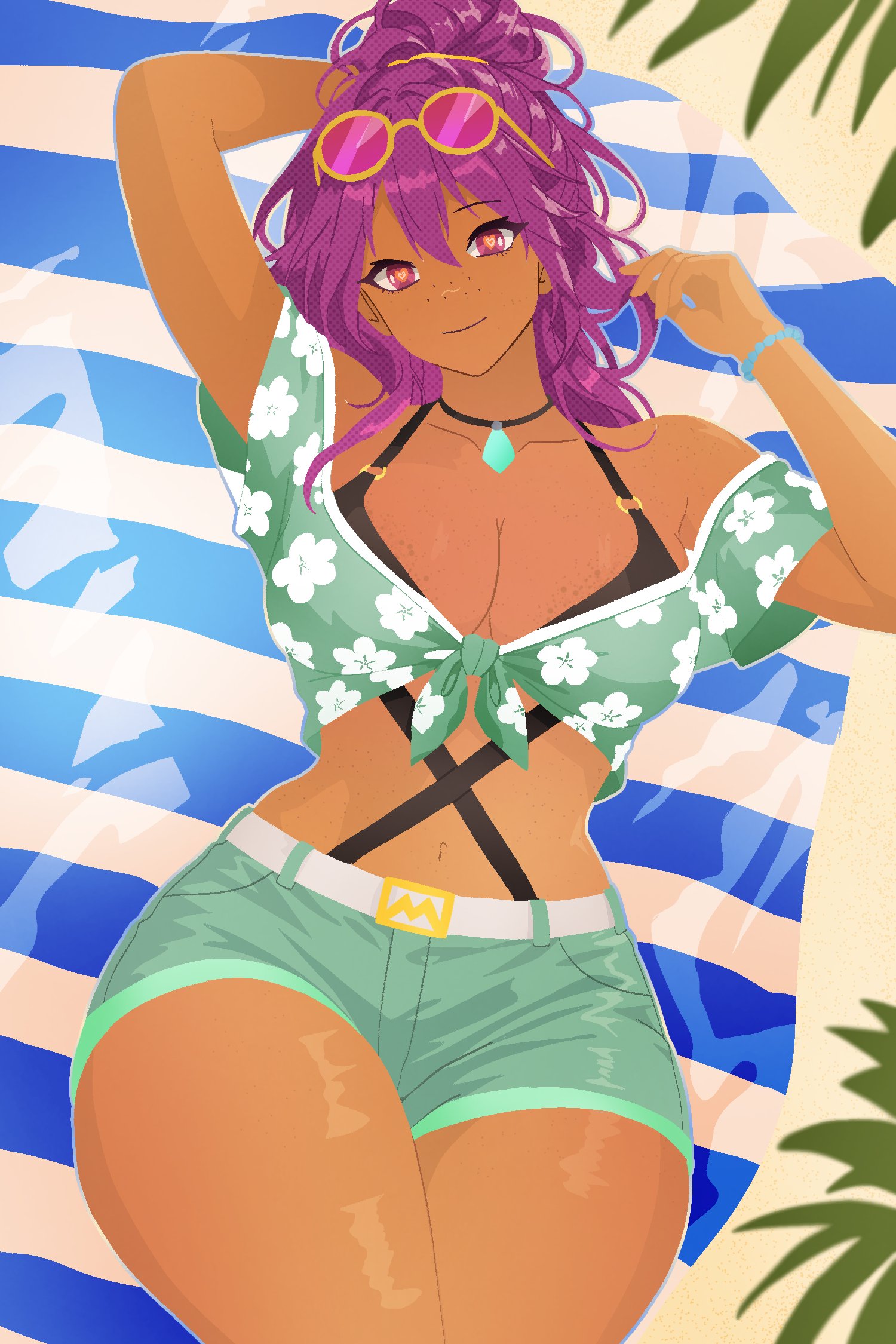 1girls, beach engineer, big breasts, black swimsuit, breasts, cleavage, engineer (tds), female, lying, lying on back, official alternate costume, outside, pink eyes, purple hair, roblox, roblox game, robloxian, solo, swimsuit, tagme (artist), teal swimwear, thick thighs, thighs, tower defense simulator, wide hips