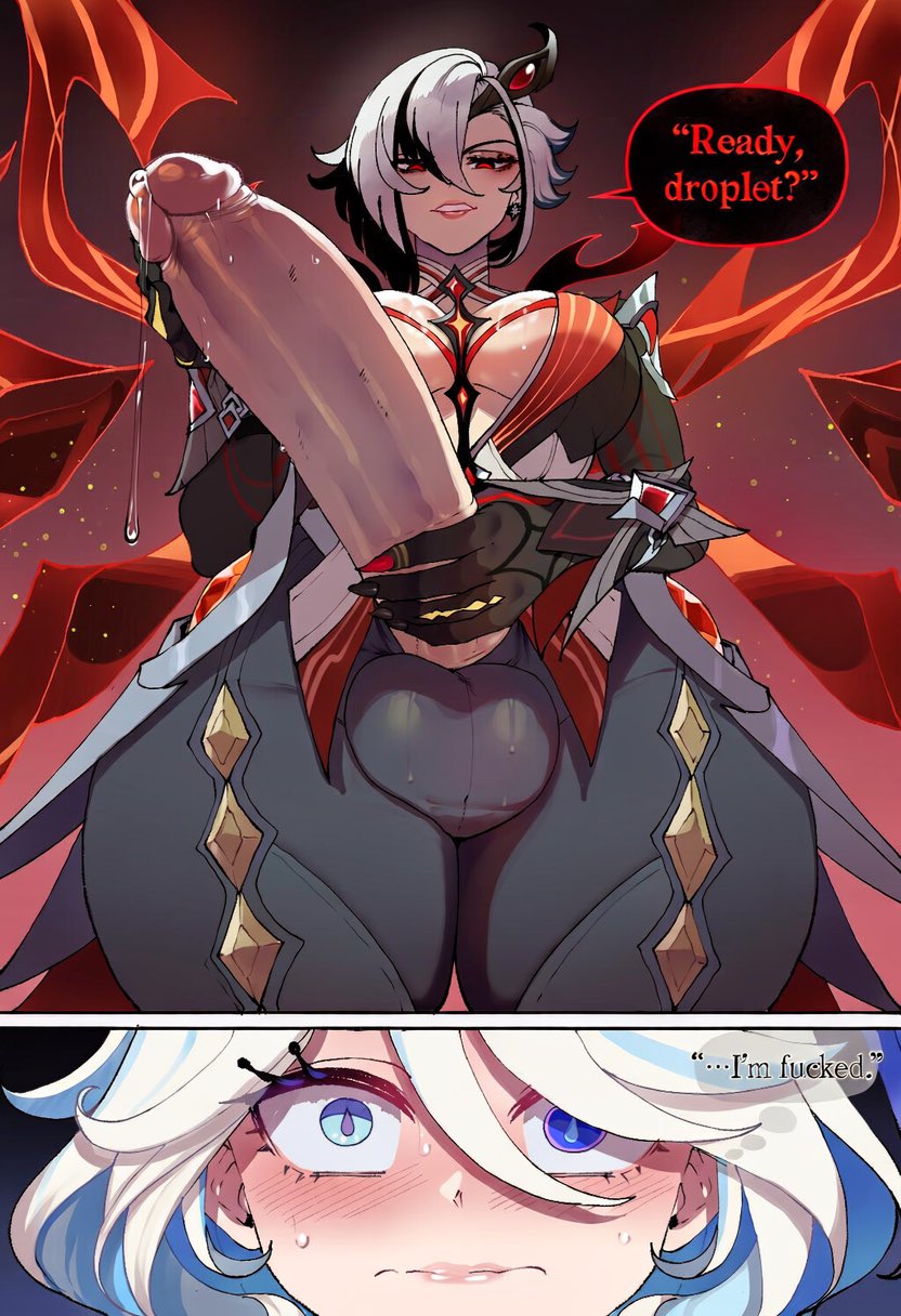 1futa, ai generated, arlecchino (cinder of two worlds' flames) (genshin impact), arlecchino (genshin impact), black gloves, black hair, black pants, blue eyes, blue hair, blush, breasts, cleavage, dominant futa, english text, erection, fontaine girls, furina (genshin impact), futa on female, futa only, futa with female, futadom, futanari, genshin impact, gloves, heterochromia, himegens, light-skinned futa, looking at another, looking down, pants, penis, penis awe, penis grab, precum, red eyes, short hair, solo, testicles, two-tone hair, uncensored, white hair