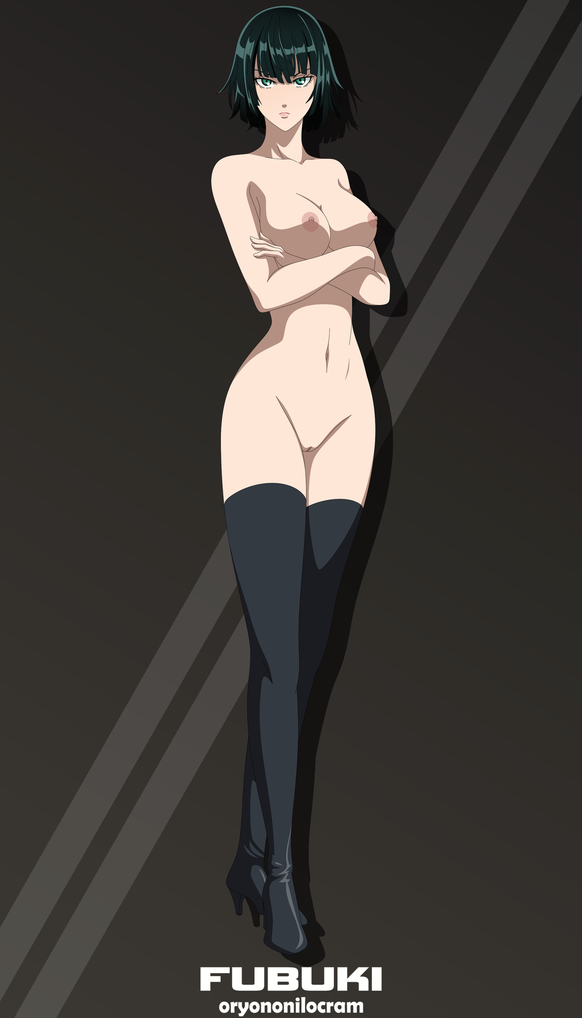 1girls, black hair, boots, breasts, crossed arms, female, fubuki (one-punch man), green eyes, heels, lipstick, naked, naked footwear, nipples, nude, one-punch man, oryononilocram, pussy, short hair, solo, thigh highs, thighhighs, vagina, white skin