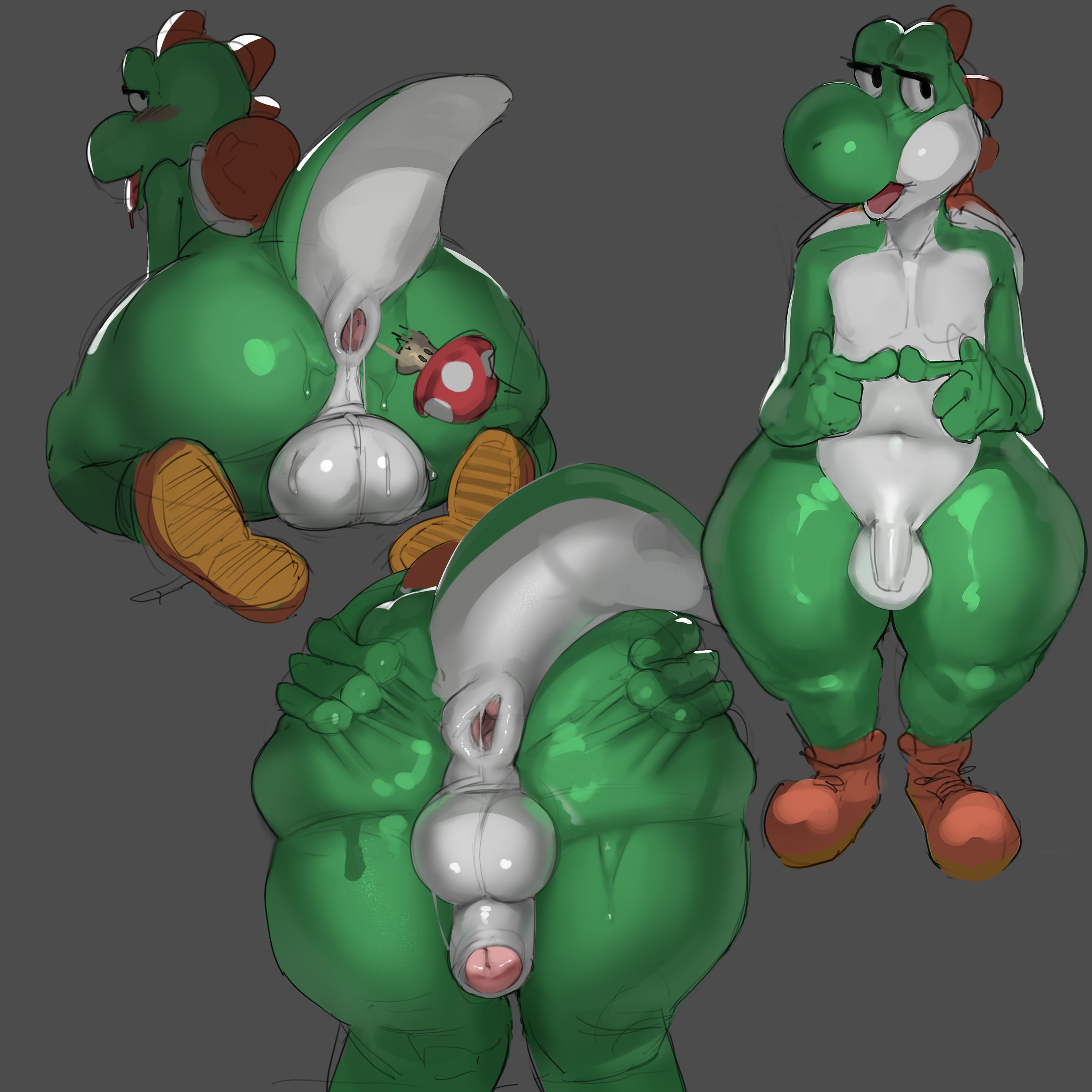absurd res, amawdz, anthro, anus, ass, balls, big ass, big butt, blush, bodily fluids, dinosaur, flaccid, foreskin, genitals, green body, green scales, grey background, hi res, humanoid genitalia, humanoid penis, looking at viewer, looking back, male, male focus, male only, male solo, mario (series), navel, nintendo, notamaso, penis, rear view, reptile, scales, scalie, simple background, sketch, smile, solo, solo male, spread anus, spread ass, spread butt, spreading, sweat, thick thighs, uncircumcised, uncut, video games, yoshi