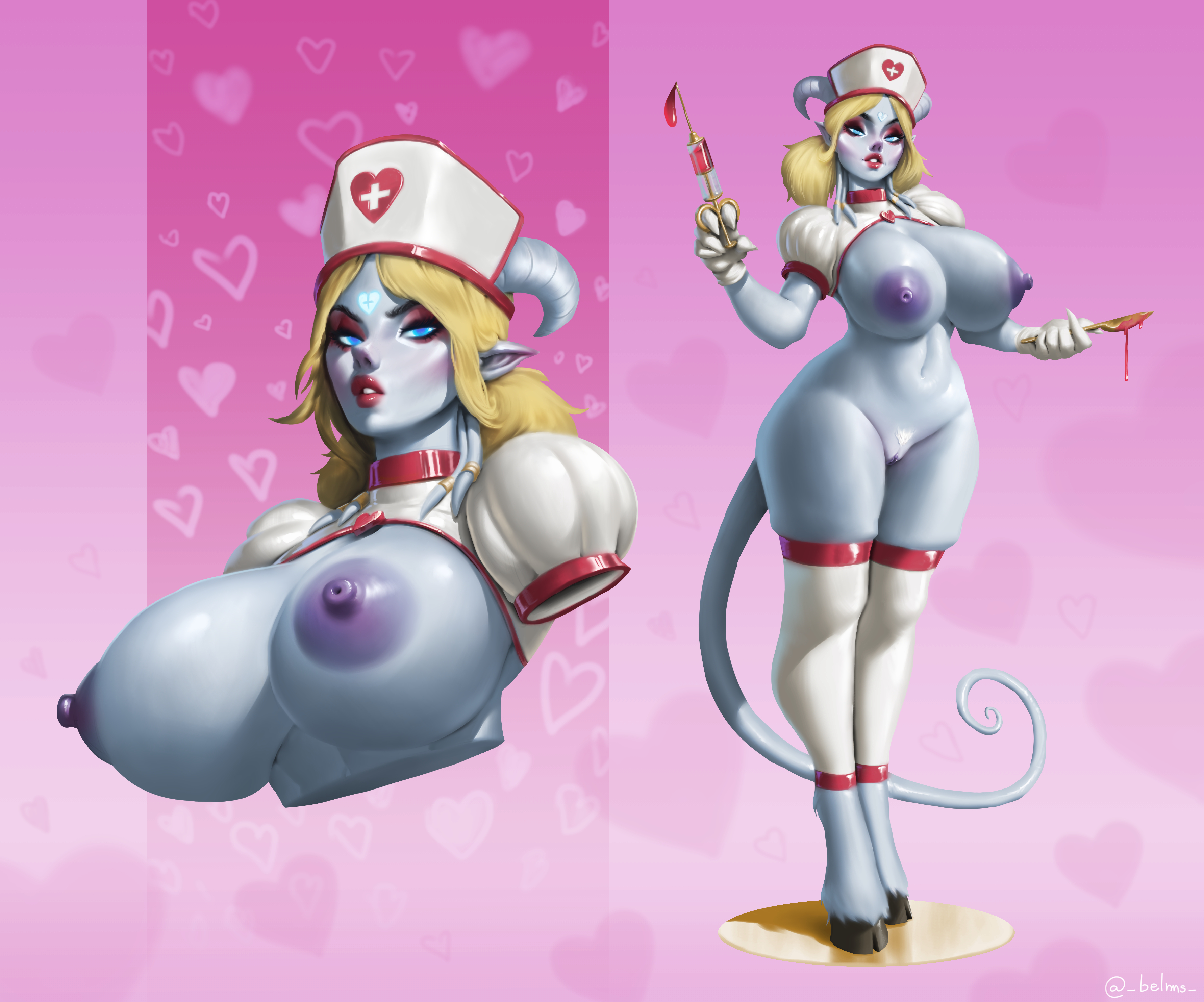 1girls, belms, blonde hair, breasts, busty, draenei, draenei female, female, female only, hooves, horn, horns, isatia (hakubaku), light skin, light-skinned female, nipple covers, nipples, nipples visible through clothing, nude, nurse, nurse cap, nurse uniform, pubic hair, solo, solo female, tail, thick thighs, thighhighs, thighs, warcraft, wide hips, world of warcraft, yellow hair