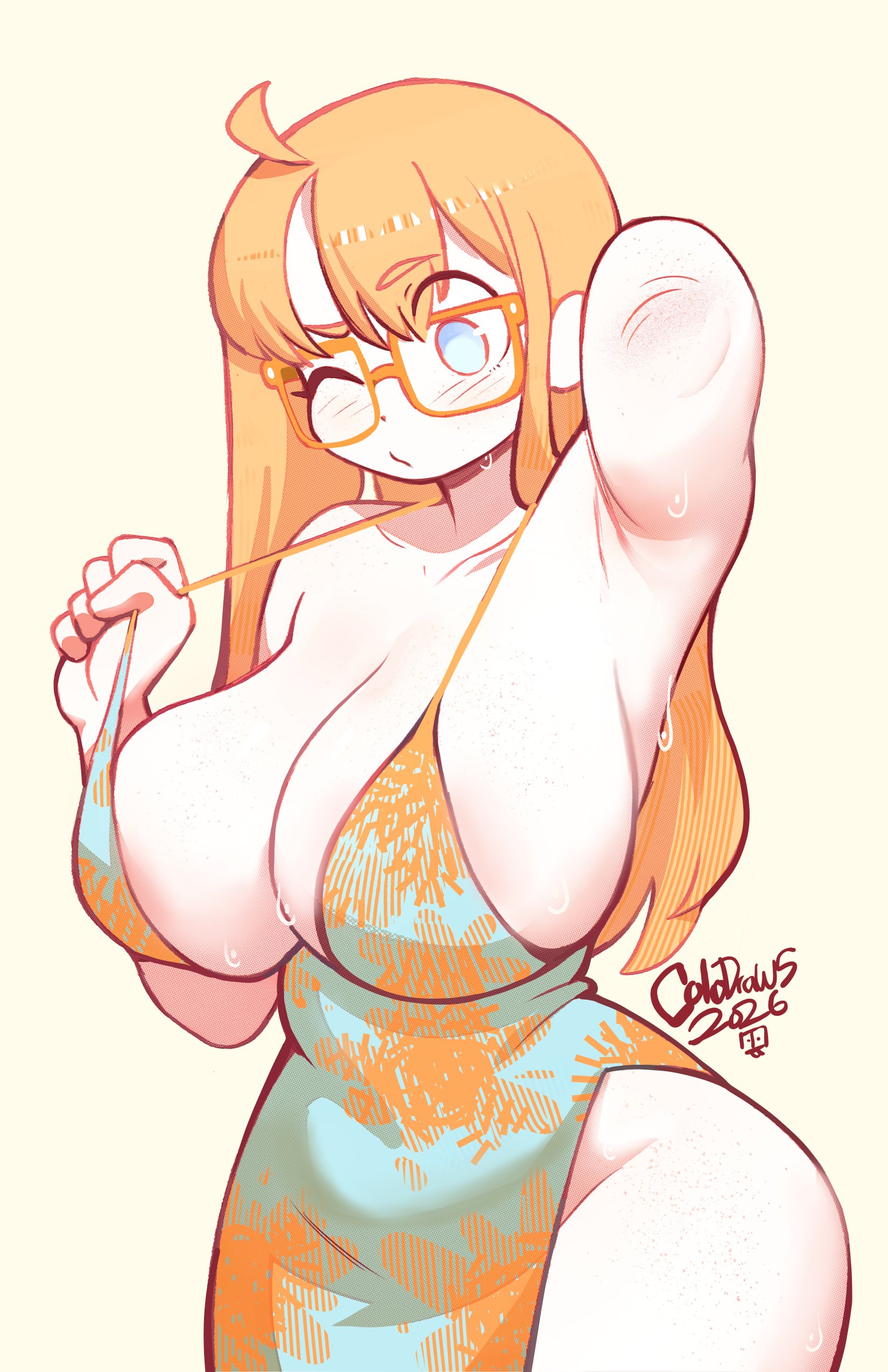 :/, 1girls, ahoge, areola slip, arm behind head, armpit, artist name, bare shoulders, blue eyes, blush, breasts, cleavage, closed mouth, clothed, clothed female, colo, colodraws, curvy, dress, embarrassed, eyebrows visible through hair, female, female only, freckles, freckles on breasts, freckles on face, freckles on thighs, glasses, huge breasts, human, long hair, looking down, one eye closed, orange hair, orange-framed eyewear, original, original character, pale skin, pale-skinned female, pulling clothing, rita (colo), solo, thick thighs, three-quarter portrait, voluptuous, wide hips, worried