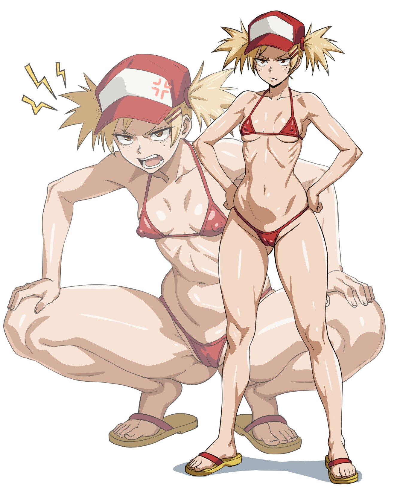 1girls, bikini, bleach, covered nipples, duo kawa, erect nipples, female focus, female only, hair pin, hat, hiyori sarugaki, micro bikini, pussy lips, skimpy, skimpy bikini, small breasts, solo, solo female, spiky hair, spread legs, squatting, thick thighs, twintails, visible nipples