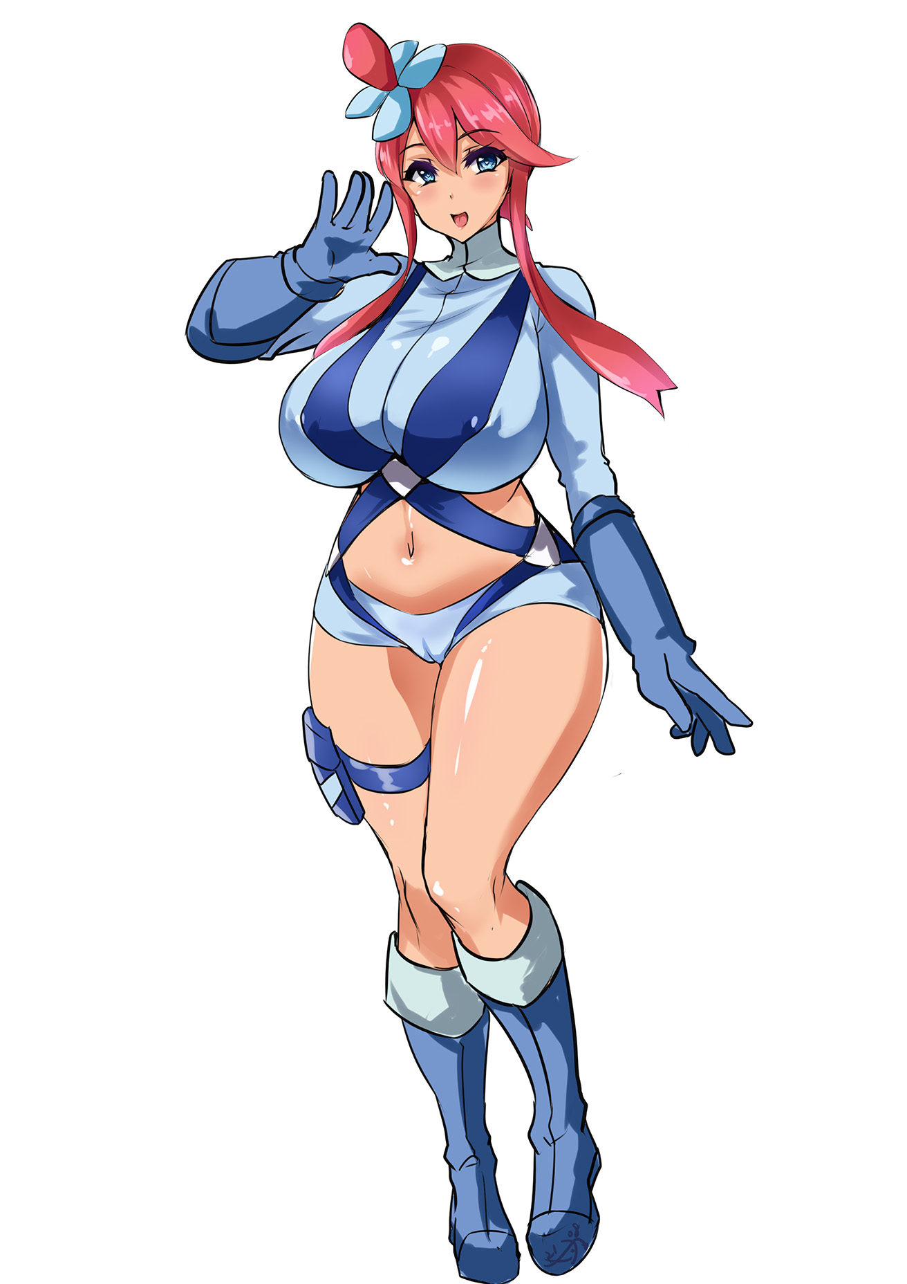 1girls, big breasts, blue eyes, bolobolo, breasts, female, fully clothed, large breasts, long hair, nintendo, nipple bulge, pokemon, pokemon bw, red hair, shorts, skyla (pokemon), thick thighs, tight clothing, white background, wide hips