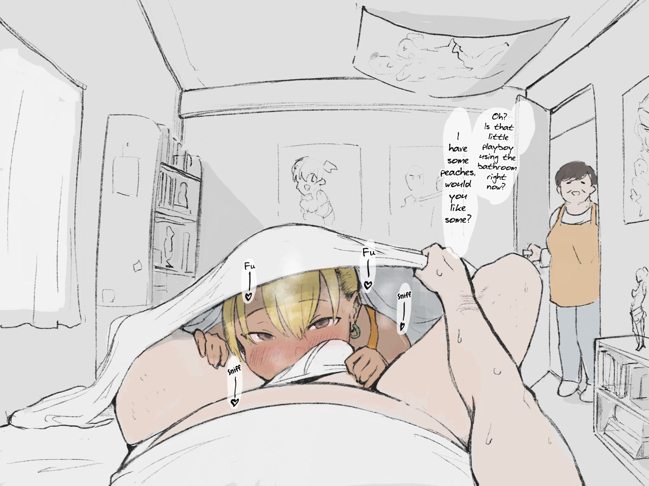 1girls, 2boys, androgynous, before oral, before sex, dark skin, dark-skinned femboy, dark-skinned male, dialogue, english text, fat male, female, femboy, gay, gay domination, gay male, gomabura, looking at viewer, male, playboy-chan (gomabura), pov, pov eye contact, sneaky, stealth sex, text, under covers, yaoi, yellow hair