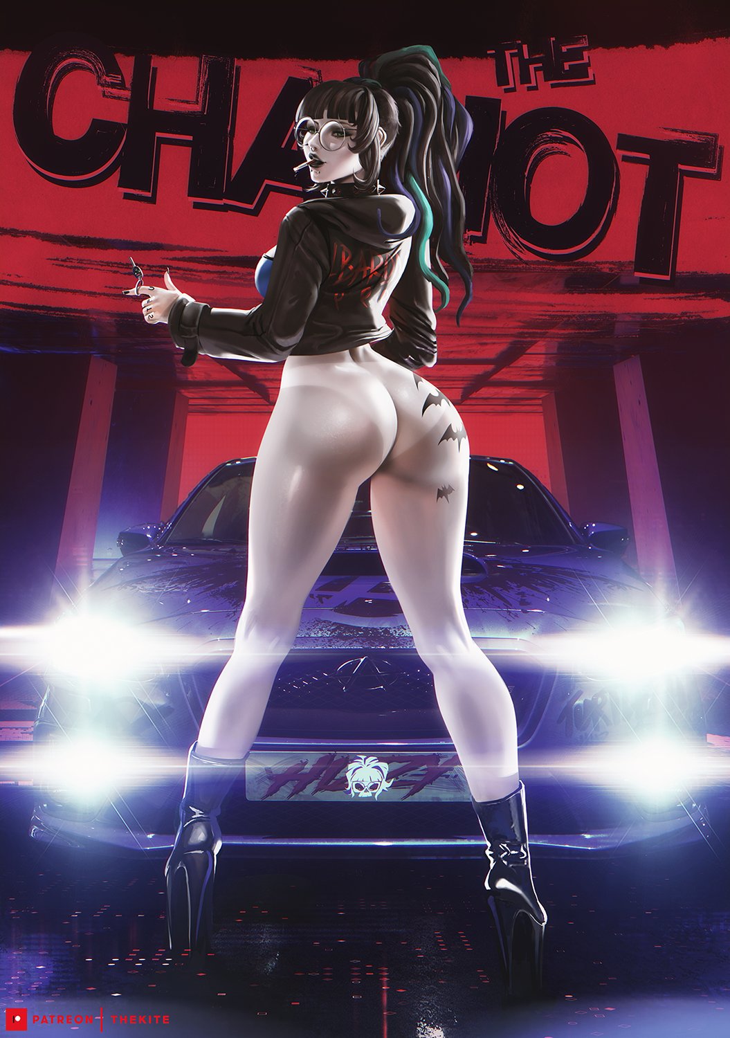 1girls ass back_view bangs bat_print black_hair black_lipstick blue_highlights blunt_bangs car cigarette female female_only glasses green_highlights headlights heel_boots hi_res high_ponytail hizzy hoodie long_hair long_legs looking_back no_panties no_pants ponytail solo solo_female tanline thekite