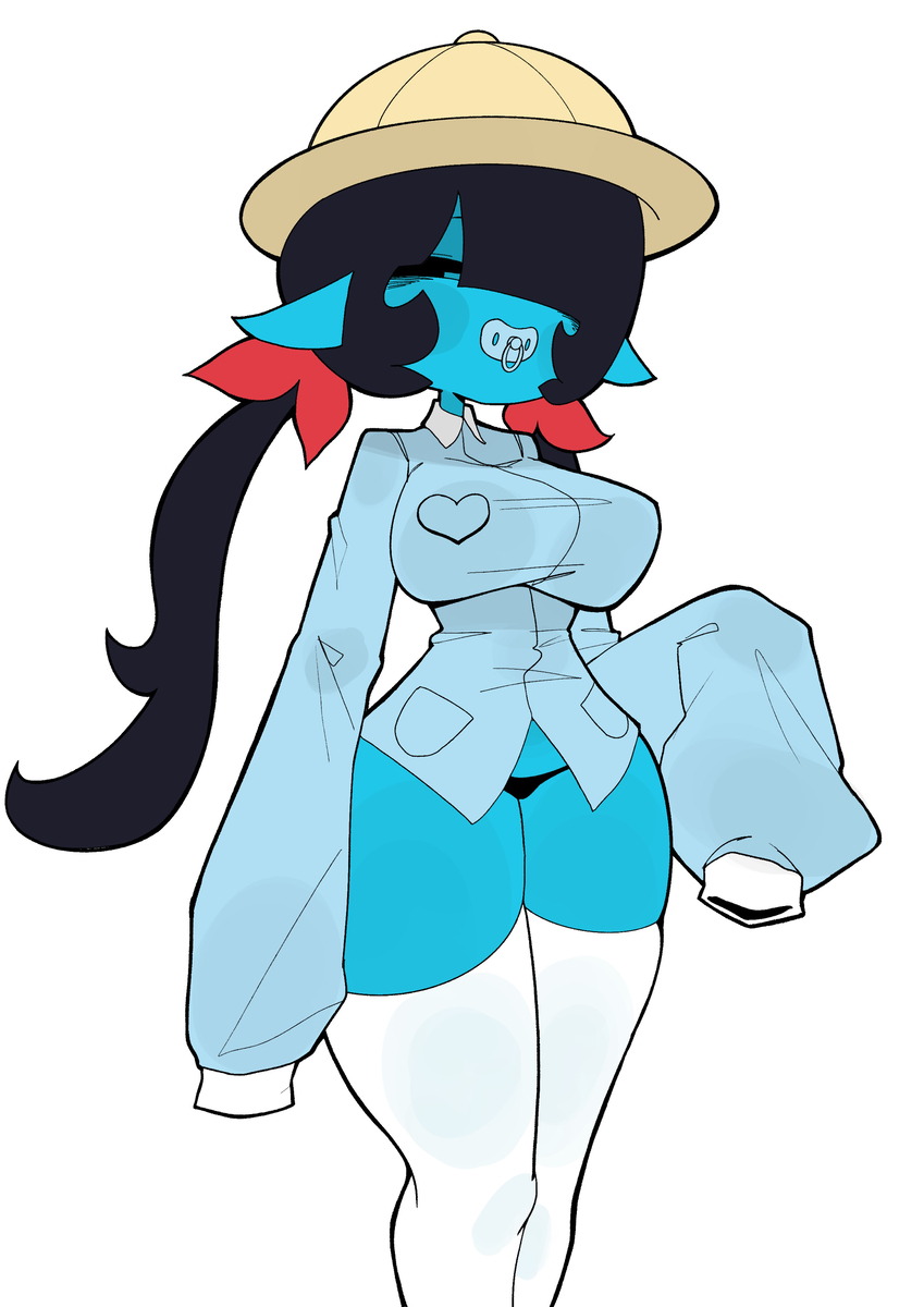 2d, 2d (artwork), aged up, aqua (deltarune), big breasts, blue skin, curvy figure, deltarune, deltarune chapter 5, hair over one eye, hss dada, looking at viewer