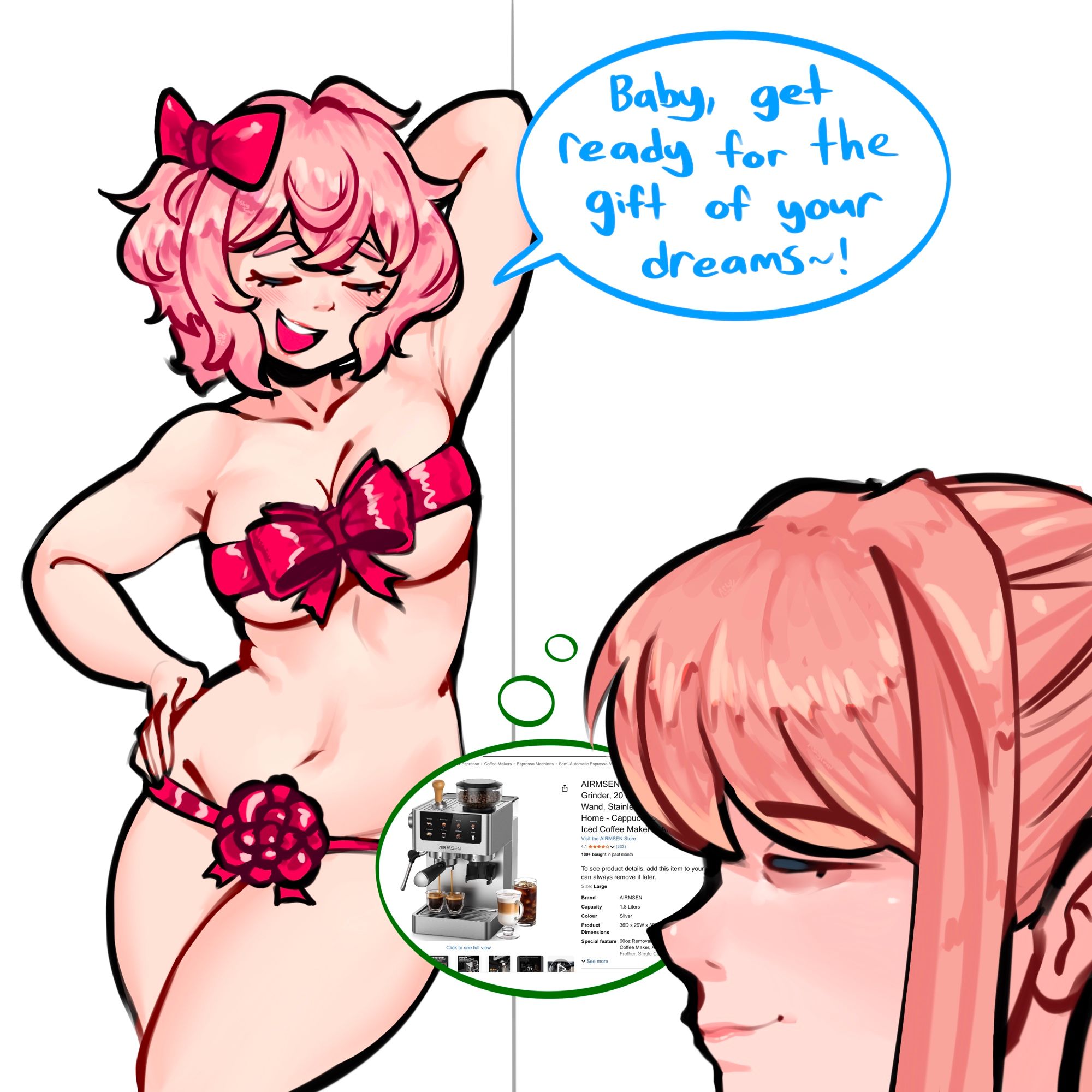 2girls, breasts, doki doki literature club, espresso machine, female, monika (doki doki literature club), ribbon, sayori (doki doki literature club), spicytown, tagme, the gift of your dreams (meme)