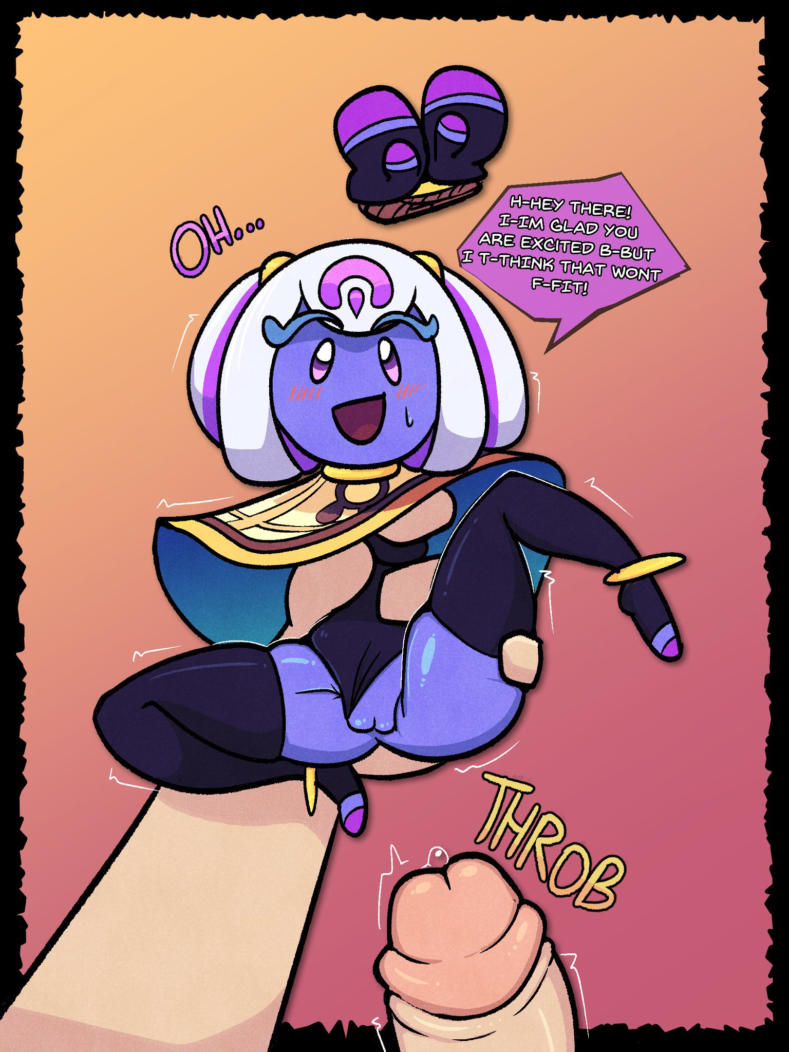 1boy, 1girls, big penis, corruptedcryptid, female, giant penis, huge cock, kirby (series), kirby and the world beyond, male, male/female, mysterious girl (kirby and the world beyond), purple body, pussy, size difference, smaller female, text
