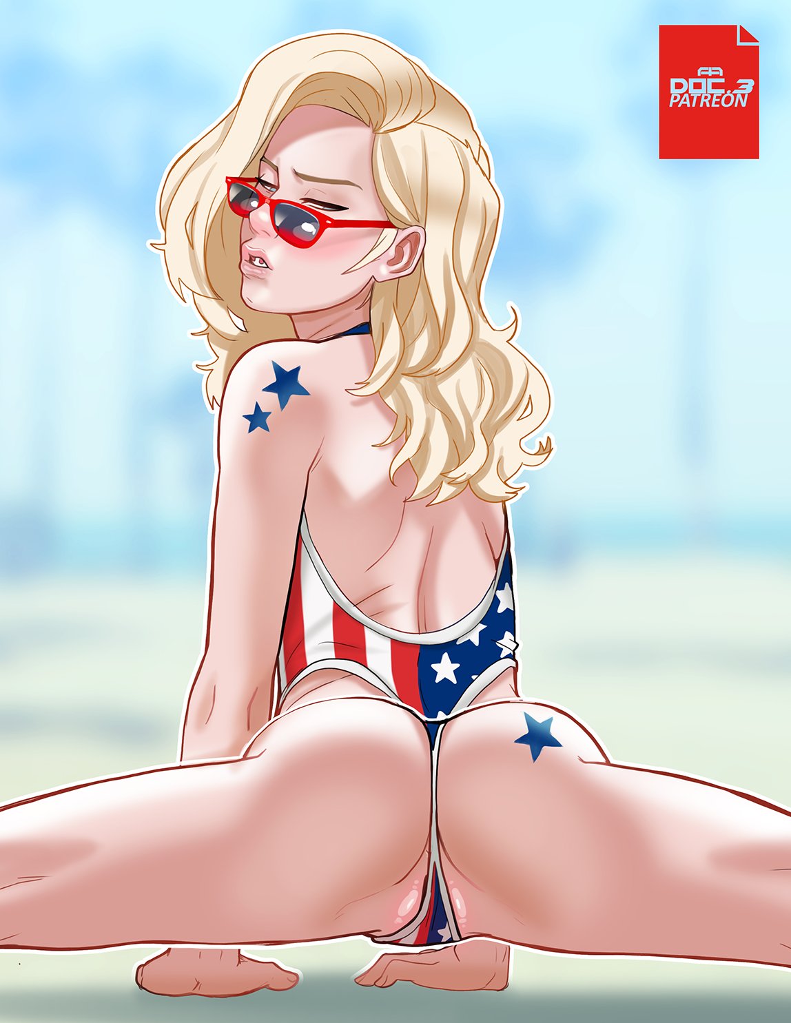 1girls american_flag american_flag_swimsuit andava andavaverse ass back_view blonde_hair braces brianna_(andava) female female_only hi_res leaning_forward long_hair looking_back looking_over_eyewear looking_over_glasses looking_over_sunglasses narrowed_eyes national_personification pussy_peek sitting solo solo_female splits sunglasses swimsuit tinted_eyewear united_states_of_america usa