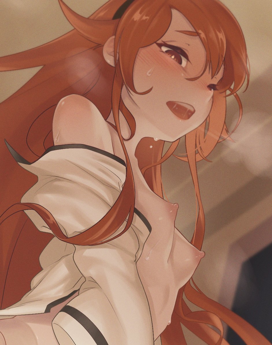1girls, breasts, cowgirl position, eris greyrat, female, female only, mushoku tensei, nipples, red eyes, red hair, sandrewf, solo