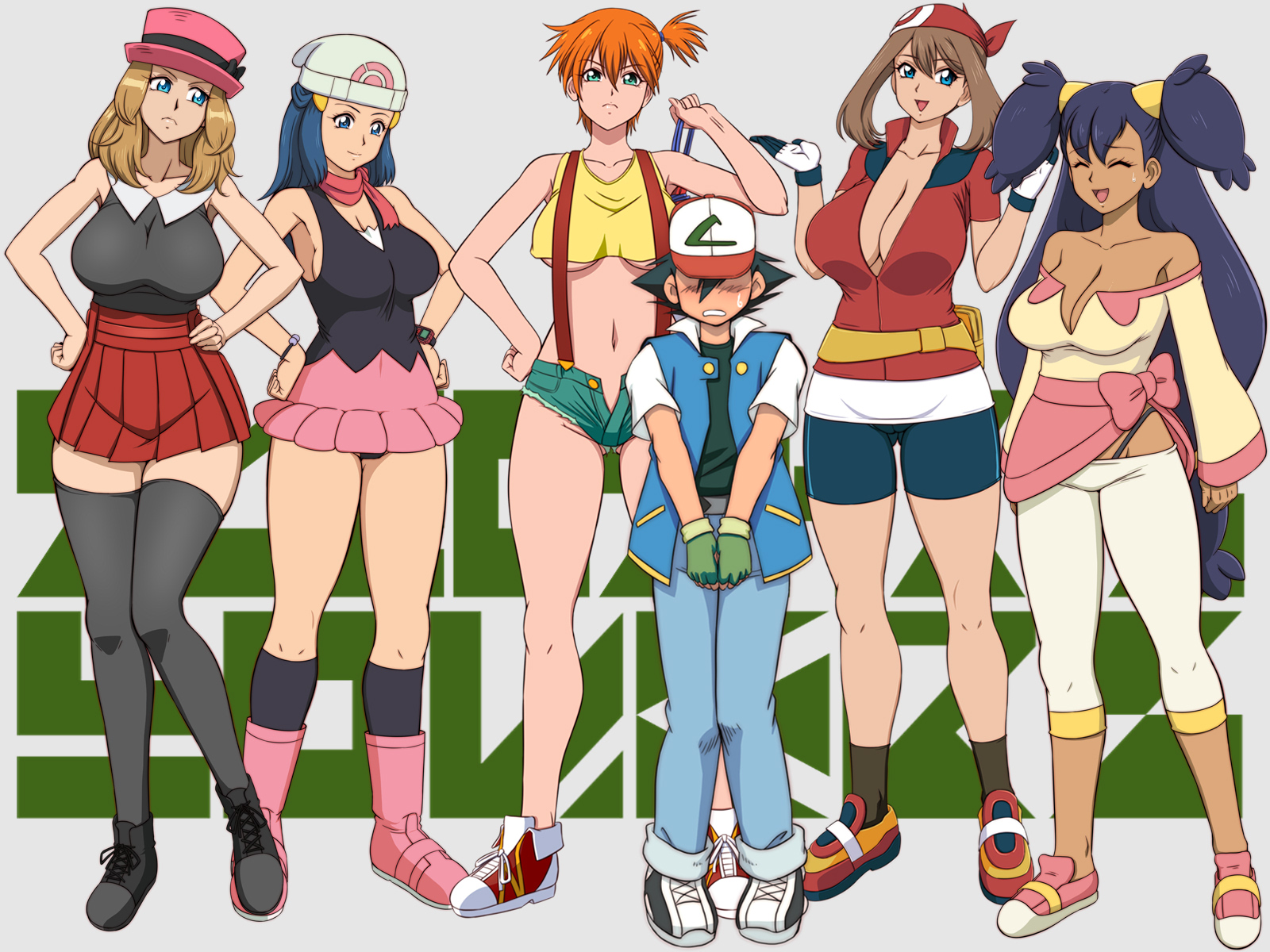 1boy, 5girls, adapted costume, age difference, aged up, asymmetrical hair, bandana, bare legs, baseball cap, beanie, big breasts, bike shorts, black hair, blue eyes, blue hair, blush, boots, breasts, brown hair, cleavage, cowboy shot, creatures (company), curvy, dawn (pokemon), denim, denim shorts, female, game freak, glamour works, gloves, green eyes, green hair, gym leader, hair ornament, hat, height difference, highres, iris (pokemon), kasumi (pokemon), legs, legs together, long hair, looking at viewer, male, may (pokemon), miniskirt, multiple females, multiple girls, navel, nintendo, nipples, open mouth, orange hair, pants, pink footwear, pokemon, pokemon (anime), pokemon (classic anime), pokemon bw, pokemon bw (anime), pokemon dppt, pokemon dppt (anime), pokemon rgby, pokemon rse, pokemon rse (anime), pokemon xy, ponytail, red hair, red scarf, revision, satoshi (pokemon), scarf, serena (pokemon), shirt, shoes, short hair, short shorts, shorts, side ponytail, simple background, size difference, skirt, sleeveless, smaller male, smile, sneakers, socks, standing, straight, suspenders, tank top, thick thighs, thighs, underboob, underwear, unzipped, wide hips, yellow shirt, yellow tank top