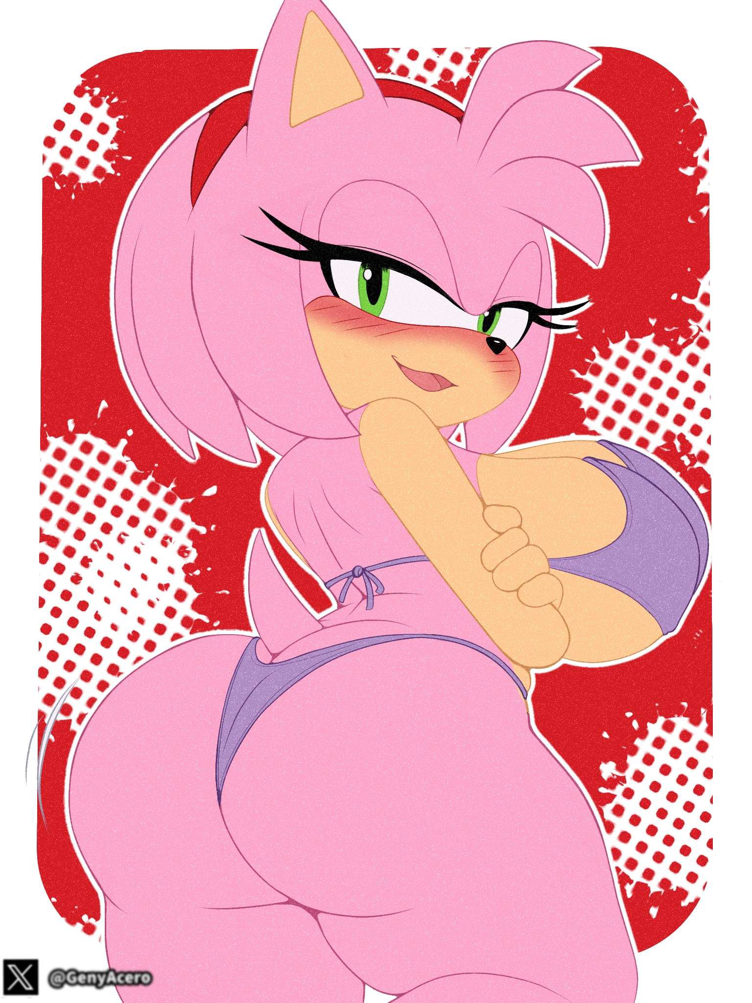 1girls, 2026, 2d, 2d (artwork), 2d artwork, amy rose, anthro, ass, ass focus, bathing suit, big ass, big breasts, bikini, bikini bottom, blush, blushing, blushing female, blushing profusely, breasts, clothed, clothed female, digital art, digital drawing (artwork), digital media (artwork), eulipotyphlan, female, furry, furry female, genyacero, green eyes, hedgehog, looking at viewer, looking back, mobian, mobian (species), pink fur, purple bikini, purple bikini bottom, purple bikini top, sega, solo, sonic (series), sonic the hedgehog (series), swimsuit, tagme, thicc, thick, thick thighs, two-tone fur