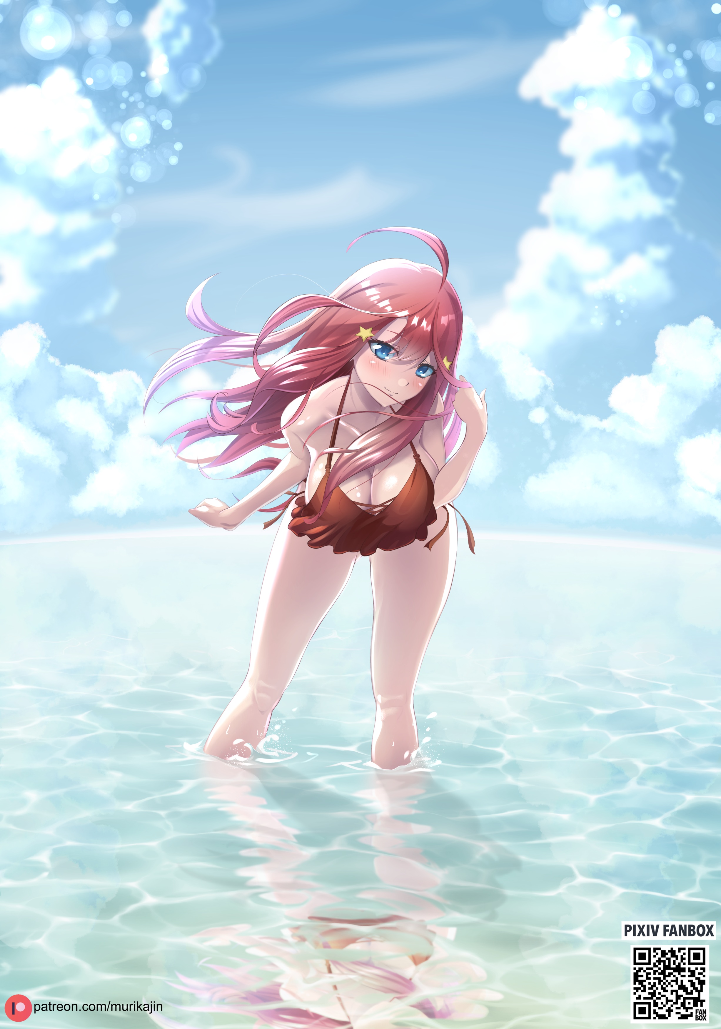 1girls, ahoge, bangs, bare legs, bare shoulders, bent over, big breasts, bikini, blue eyes, blue sky, breasts, busty, cleavage, clouds, cute, detailed background, female, female only, flashing, floating hair, go-toubun no hanayome, horizon, huge breasts, landscape, light skin, light-skinned female, looking at viewer, murikajin, nakano itsuki, ocean, patreon username, red hair, reflection, seductive, seductive eyes, seductive look, shiny, shiny hair, shiny skin, skindentation, sky, solo, solo female, solo focus, standing, star (symbol), star hair ornament, swimsuit, text, url, water, web address, wind