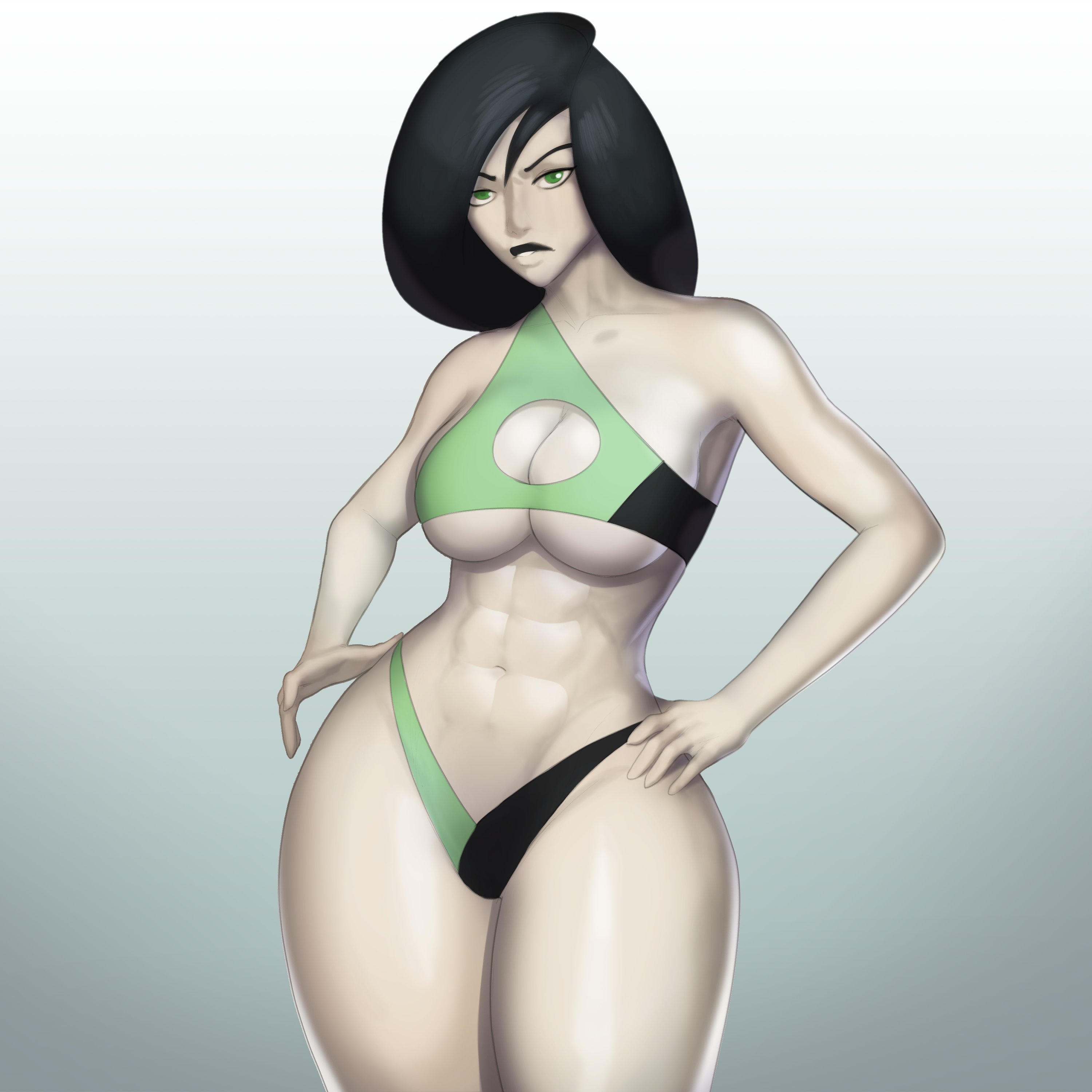 1girls, big breasts, bikini, breasts, cleavage, curvaceous, disney, disney channel, female, female only, kim possible, large breasts, popogori, shego, solo, thick thighs, wide hips