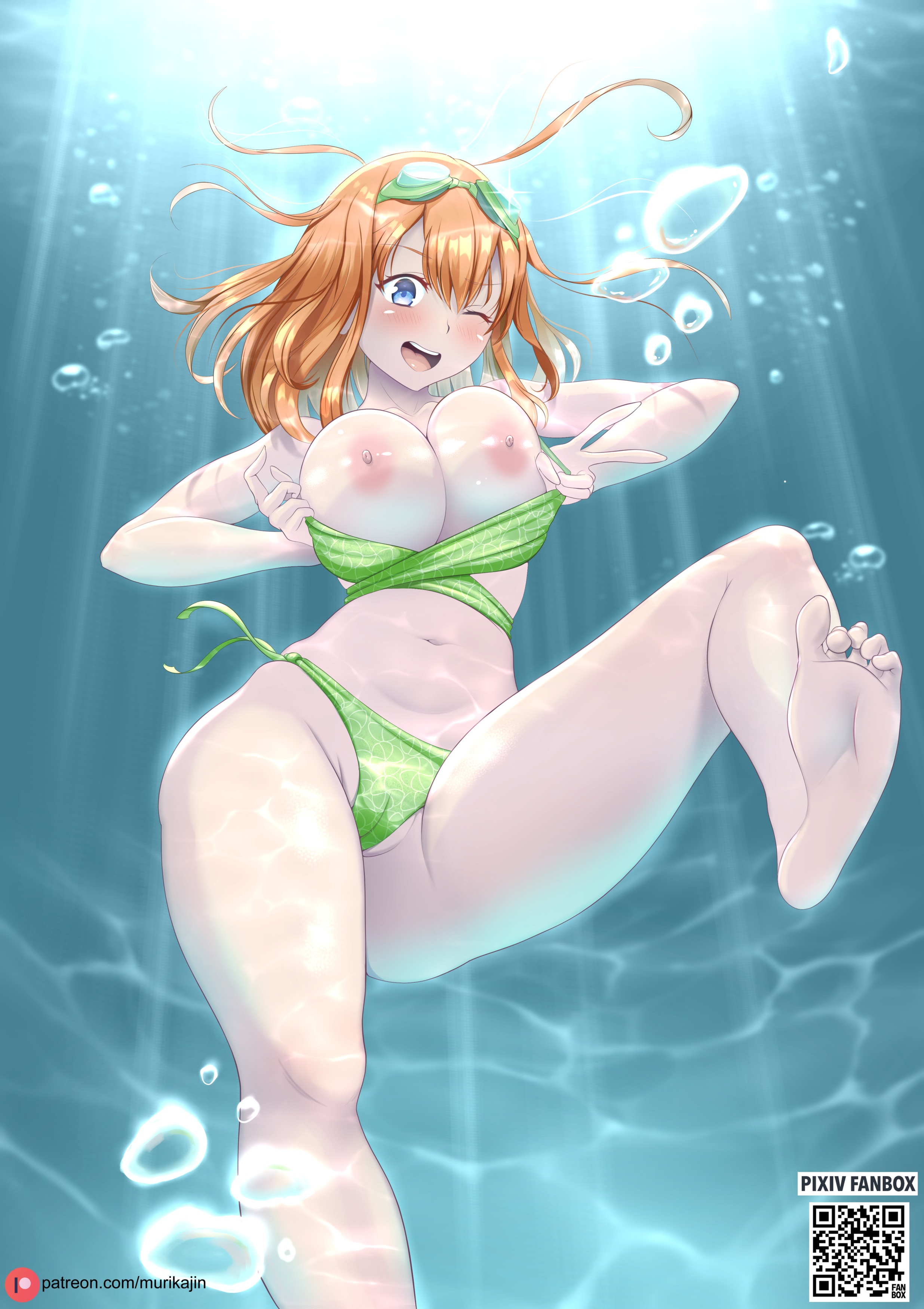 1girls, artist name, bangs, bare legs, bare shoulders, barefoot, big breasts, bikini, bikini aside, blue eyes, blush, breasts, bubbles, cameltoe, feet, female, female only, floating, floating hair, full body, go-toubun no hanayome, goggles, goggles on head, in water, light skin, light-skinned female, long hair, looking at viewer, midriff, murikajin, nakano yotsuba, nipples, open mouth, orange hair, patreon username, presenting, presenting breasts, presenting self, pussy, shiny, shiny hair, shiny skin, shoulder length hair, smile, soles, solo, solo female, solo focus, submerged, sunlight, text, toes, underwater, undressing, url, water, watermark, web address, wink