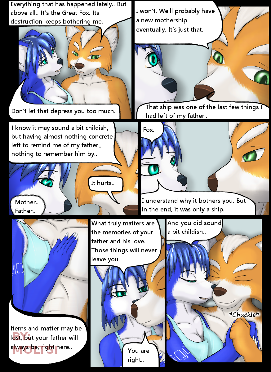 anthro blue_body blue_fur blue_hair canid canine canon_couple comic duo english_text female fox fox_mccloud fur future hair hi_res krystal male male/female mammal moltsi nintendo star_fox text video_games white_body white_fur