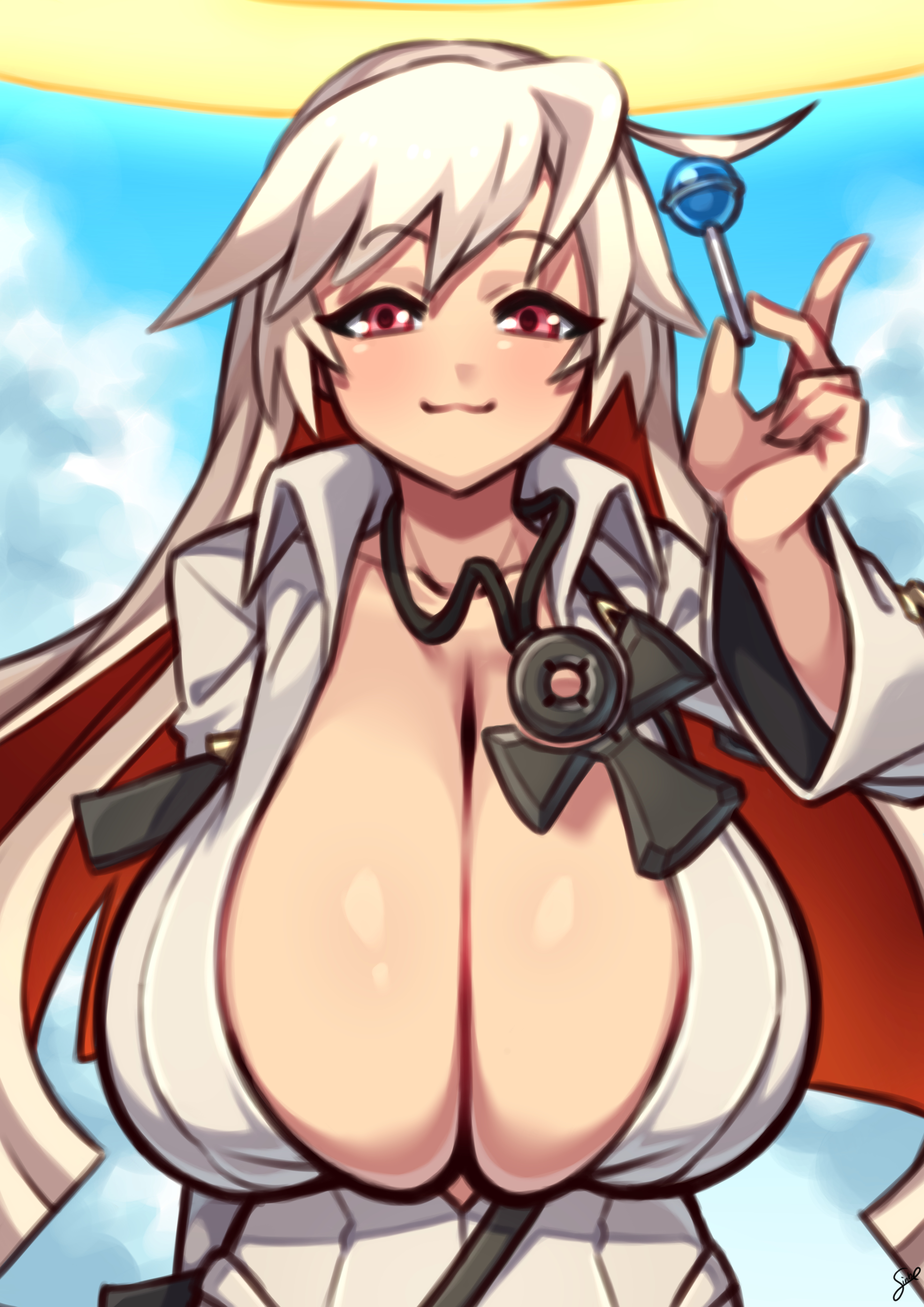 :3, 1girls, absurdres, breasts, cleavage, cleavage overflow, coffeelove68, eyebrows visible through hair, female, female only, guilty gear, guilty gear strive, guilty gear xrd, halo, highres, huge breasts, jack-o' valentine, lollipop, long hair, looking at viewer, multicolored hair, necklace, red eyes, smile, solo, two-tone hair, white hair