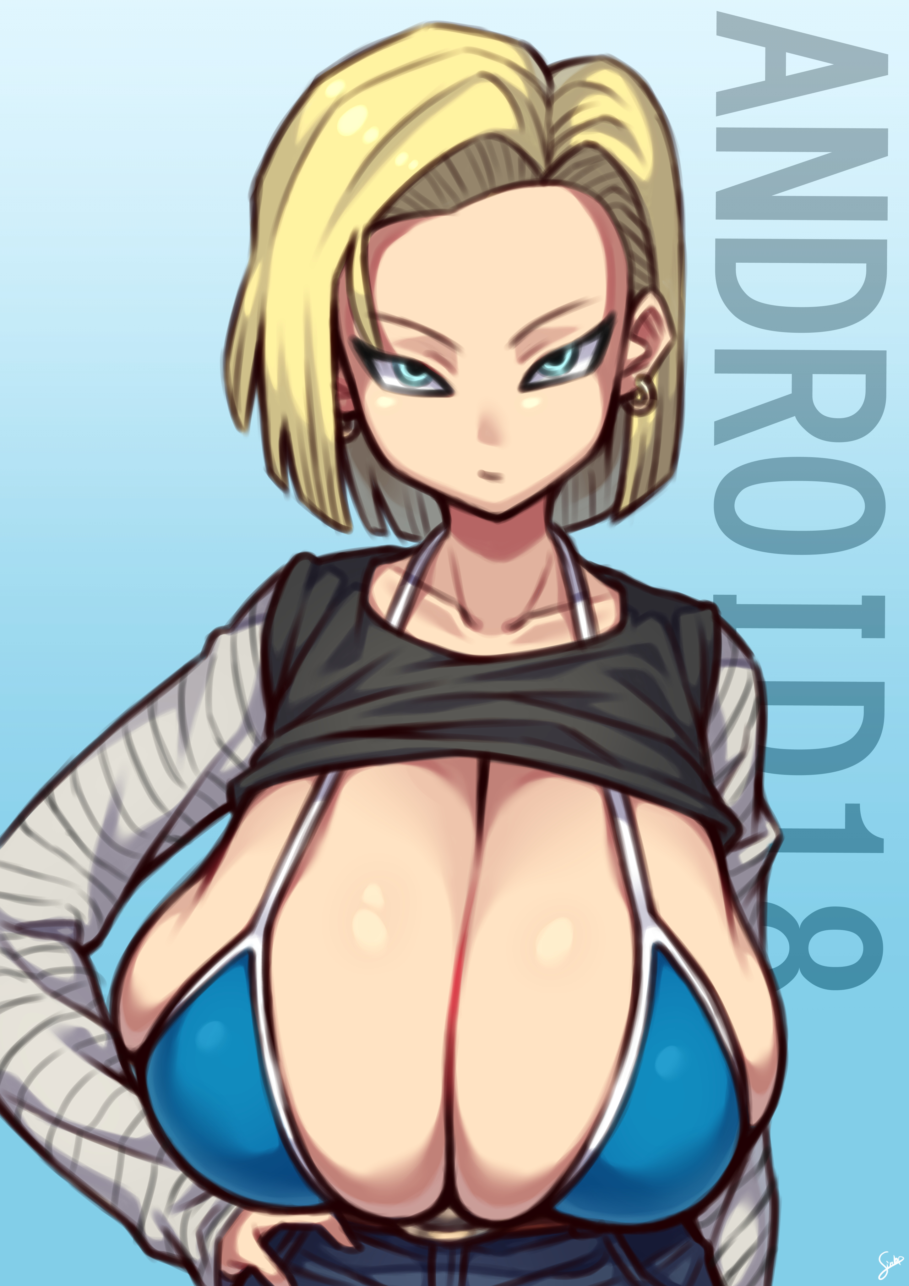 1girls, android 18, blonde hair, blue eyes, breasts, bursting breasts, cleavage, coffeelove68, curvy, dragon ball, erect nipples, female, huge areolae, huge breasts, nipples, puffy nipples, short hair, thick lips, voluptuous