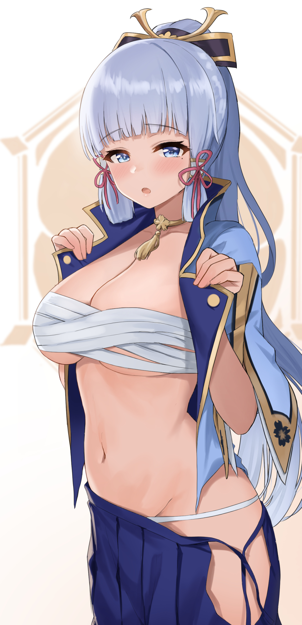 1girls, ayul (ayulneri 92), bandage, bedroom eyes, blue eyes, blue hair, blush, breasts, cleavage, cute, female, female only, genshin impact, hi res, human, japanese clothes, kamisato ayaka, large breasts, looking at viewer, sarashi, underboob, underwear, undressing