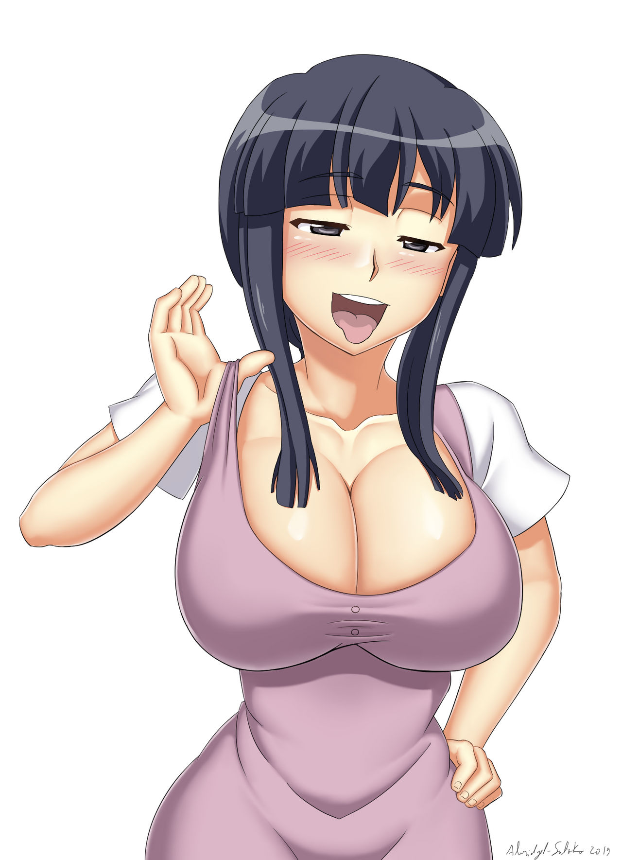 07th expansion, 1girls, abridged-satoko, alternate breast size, big breasts, blue hair, blush, breasts, busty, cleavage, female, female only, grey eyes, hand on hip, higurashi no naku koro ni, horny, huge breasts, long hair, looking at viewer, mature female, milf, naughty face, rika's mom, solo, teasing, thick, tongue, tongue out, voluptuous, wide hips