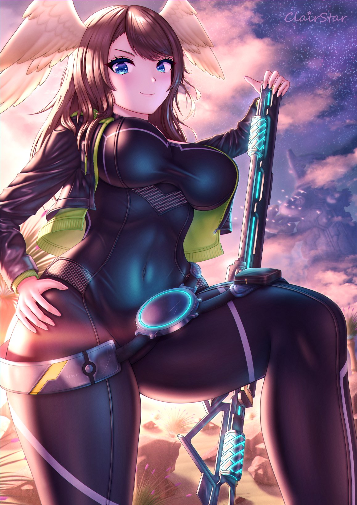 1girls big_breasts brown_hair busty clairstar_(artist) cleavage confident covered_navel eunie_(xenoblade) female gun hand_on_head high_entia large_breasts long_hair nintendo pose posing sensual smile solo thick_thighs wings wings_on_head xenoblade_(series) xenoblade_chronicles_3