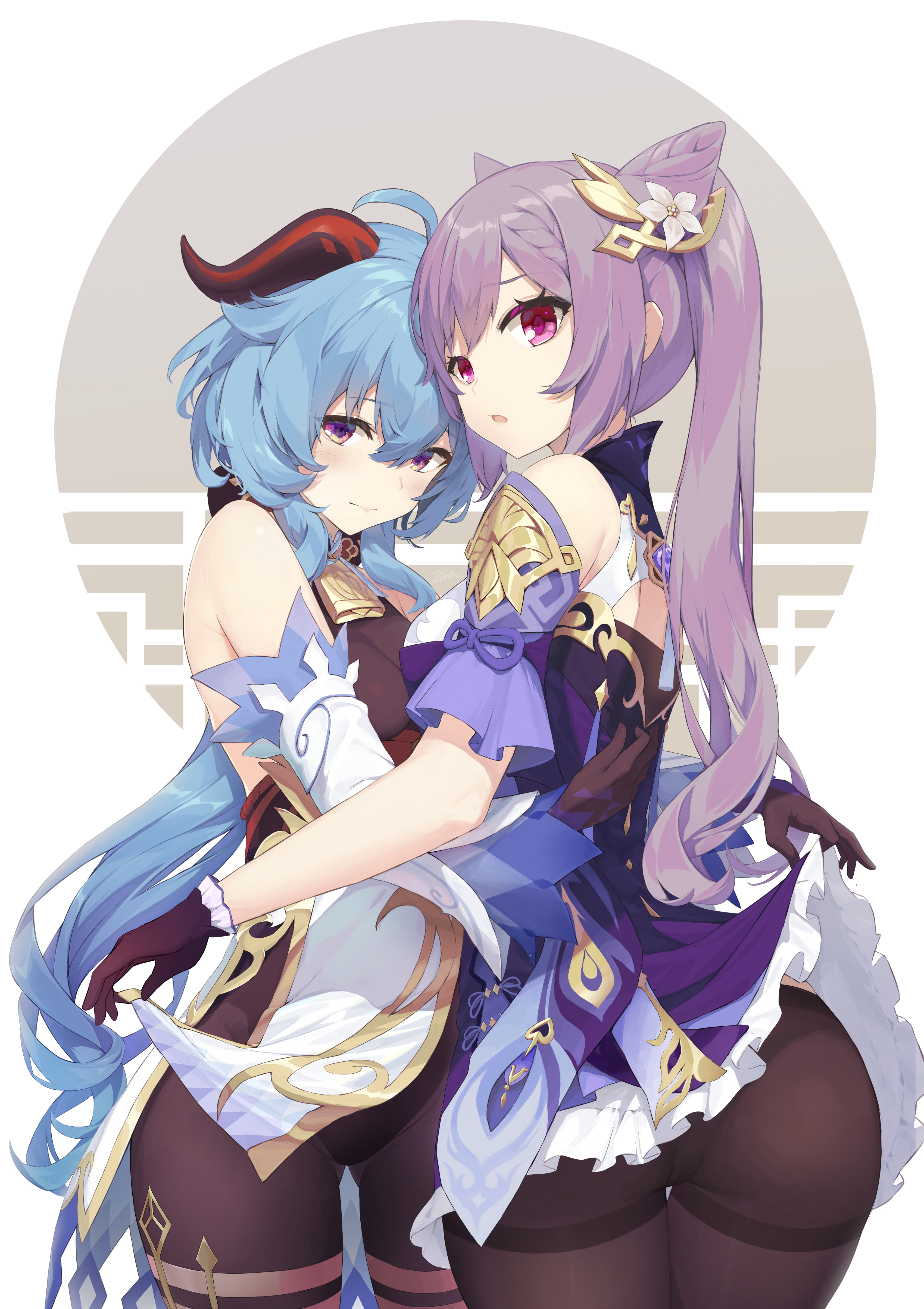 2girls, ahoge, ass, bangs, bare shoulders, bell, black gloves, black legwear, black leotard, blue hair, breasts, clothes lift, cowbell, detached sleeves, dress, dress lift, eyebrows visible through hair, female, flower, ganyu (genshin impact), genshin impact, gloves, goat horns, hair cones, hair flower, hair ornament, haku89, horns, hug, keqing (genshin impact), leotard, leotard under clothes, lifted by another, long hair, long sleeves, looking at viewer, medium breasts, multiple females, multiple girls, pantyhose, purple dress, purple eyes, purple hair, short sleeves, tagme, twintails, very long hair, vision (genshin impact), yuri