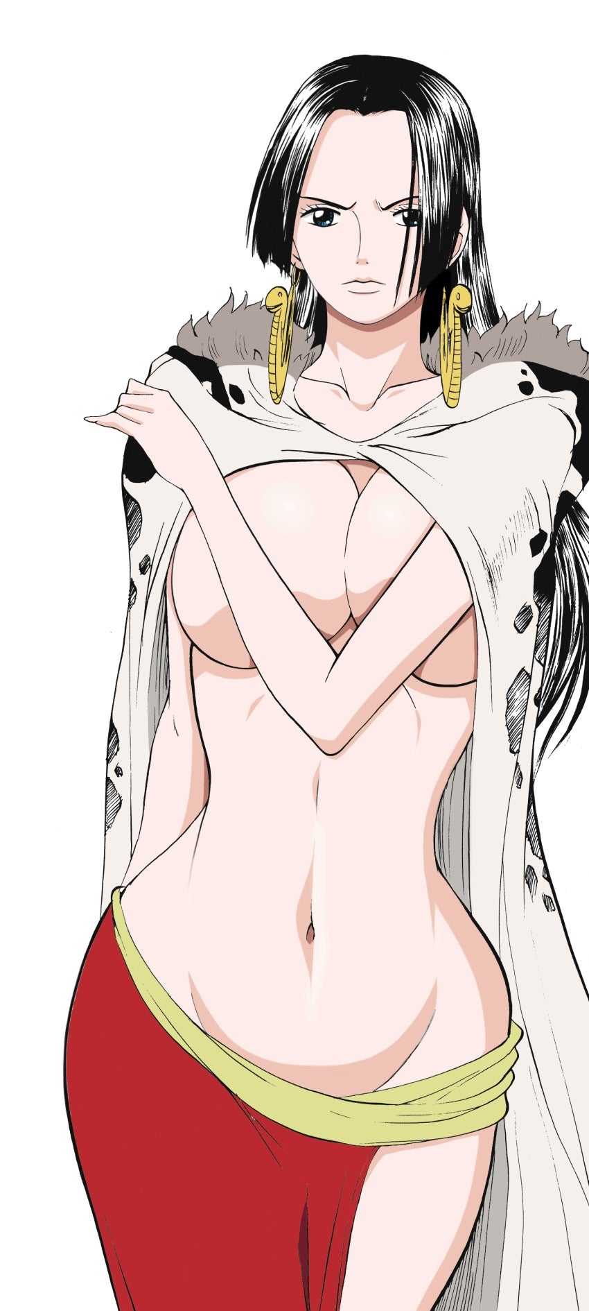 1girls, artist request, black hair, black-haired female, boa hancock, cloak, female, female only, hand on head, naked, one piece, pose