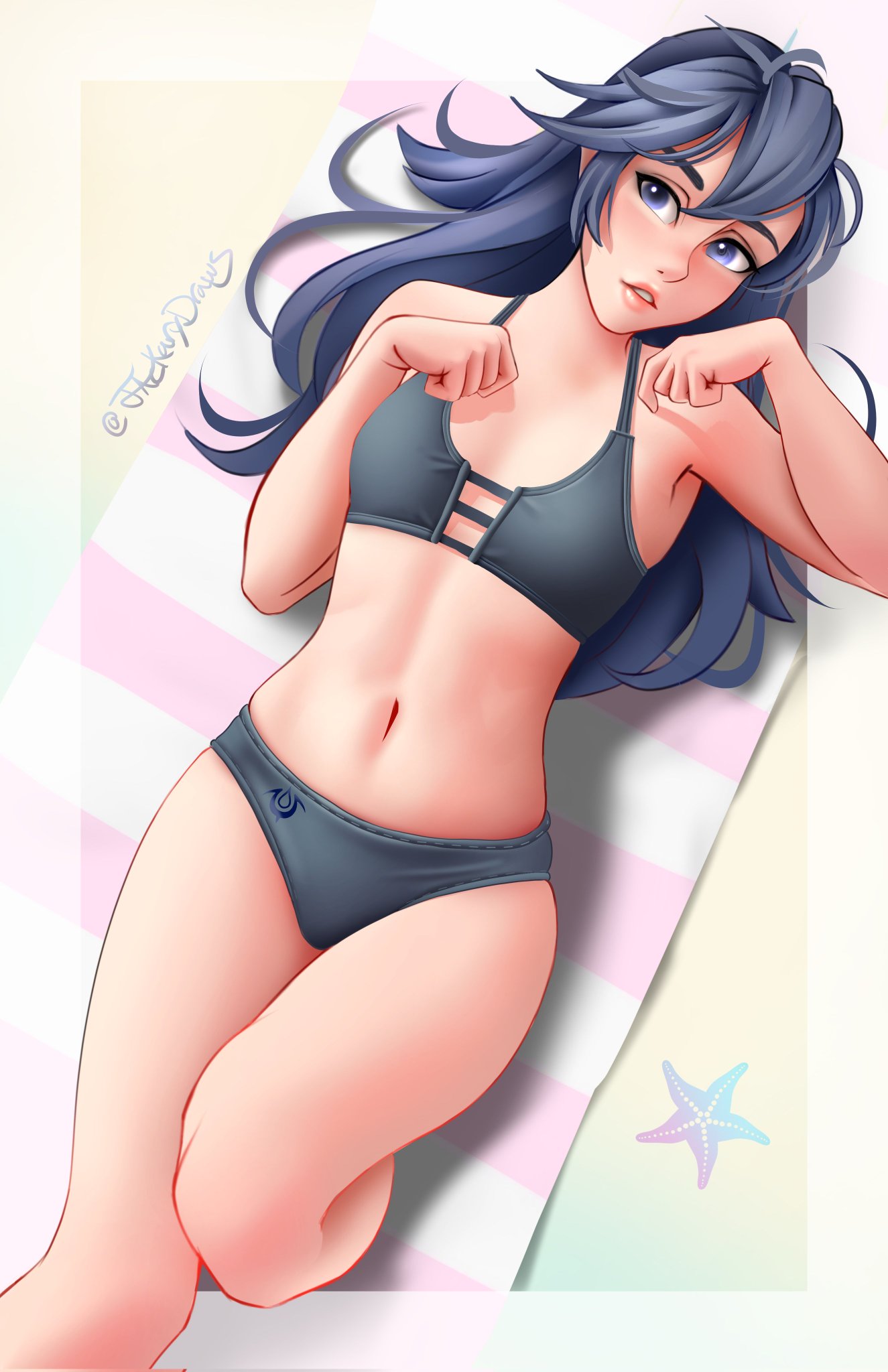 1girls, alternate costume, bare legs, beach, beach towel, bikini, black bikini, black swimsuit, blue eyes, blue hair, blue swimsuit, breasts, female, fire emblem, fire emblem awakening, from above, jackary draws, lips, long hair, lucina (fire emblem), midriff, navel, nintendo, on back, on towel, outdoors, small breasts, solo, starfish, swimsuit, towel