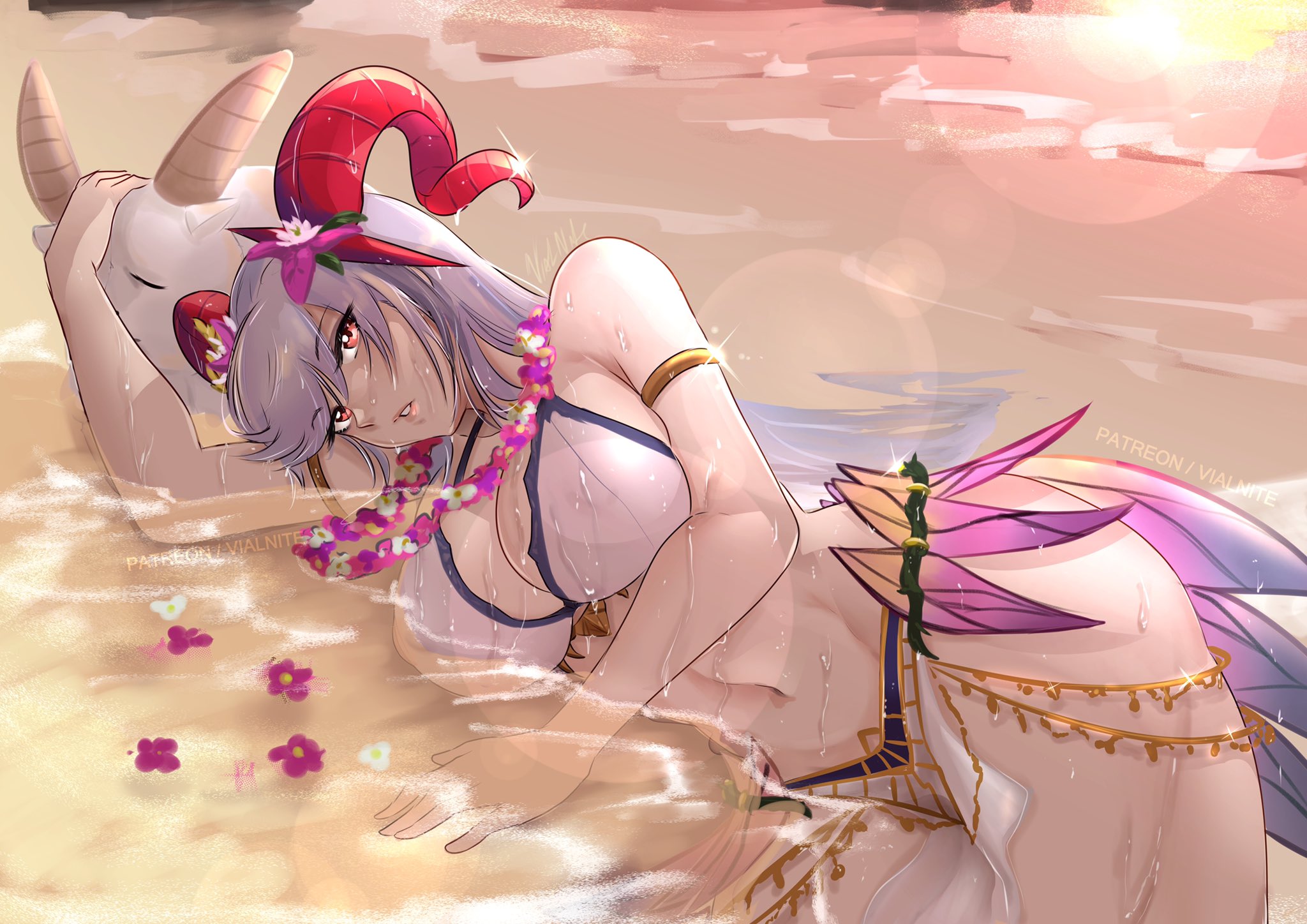 1girls, alternate costume, armlet, artist name, bangs, bare midriff, bare thighs, beach, bikini, breasts, cleavage, collarbone, commentary, curled horns, english commentary, eyebrows visible through hair, female, fire emblem, fire emblem heroes, flower, flower necklace, freyja (fire emblem), goat, goat horns, grey hair, hair between eyes, hair flower, hair ornament, highres, horns, hourglass figure, in water, inflatable toy, jewelry, large breasts, lips, long hair, looking at viewer, lying, multicolored hair, navel, necklace, nintendo, ocean, official alternate costume, outdoors, parted lips, partially submerged, patreon username, pelvic curtain, pink flower, pink lips, plushie, purple flower, red eyes, red horns, sand, seaside, signature, solo, stuffed animal, stuffed toy, sunlight, swimsuit, teeth, thighs, thorns, very long hair, vialnite, water, wet, wet hair, white bikini, white flower, white swimsuit, wide hips