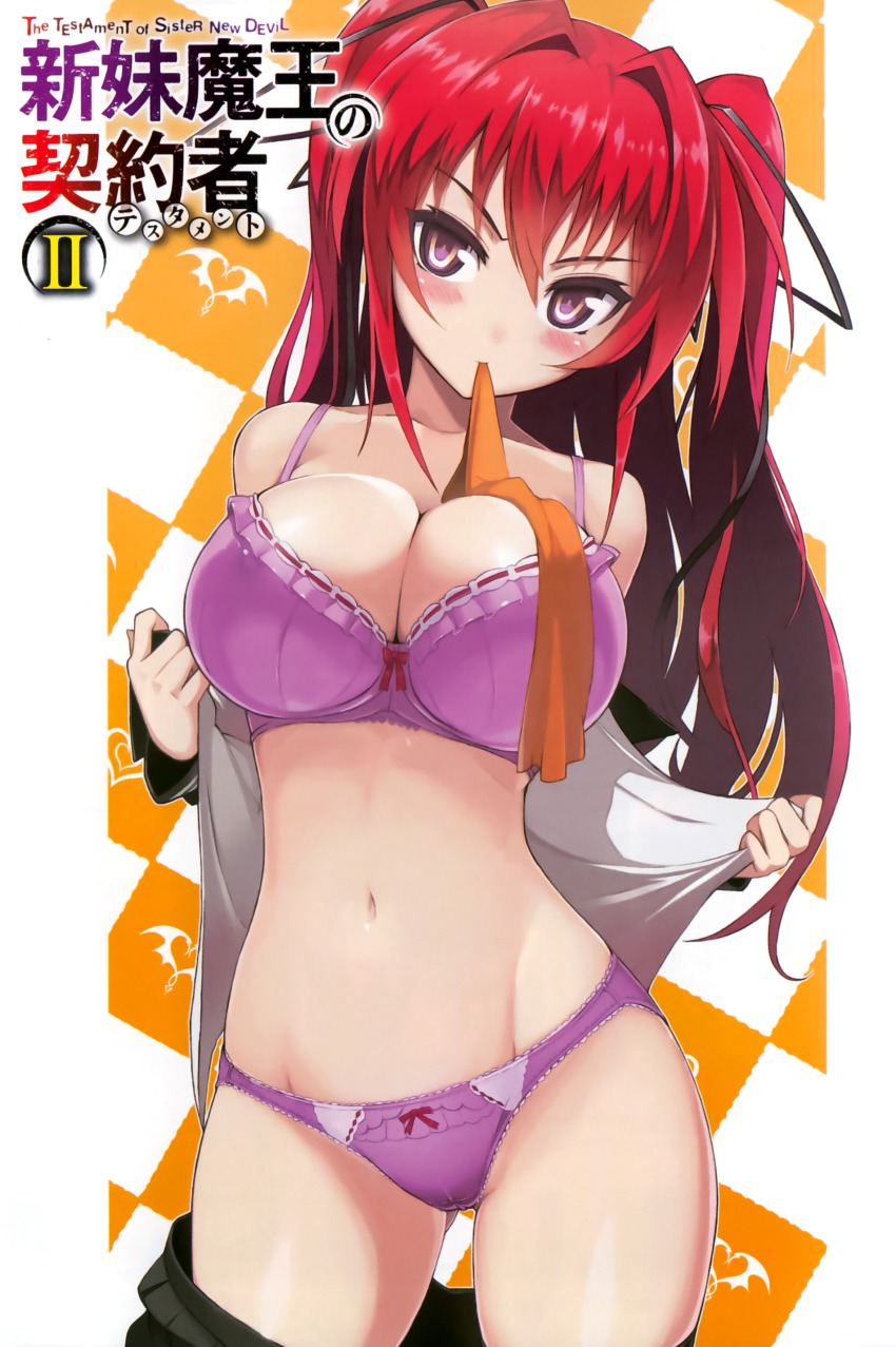 1girls, big breasts, bra, breasts, cleavage, female, female only, huge breasts, naruse mio, panties, pink lingerie, shinmai maou no testament, solo, solo female, stripping