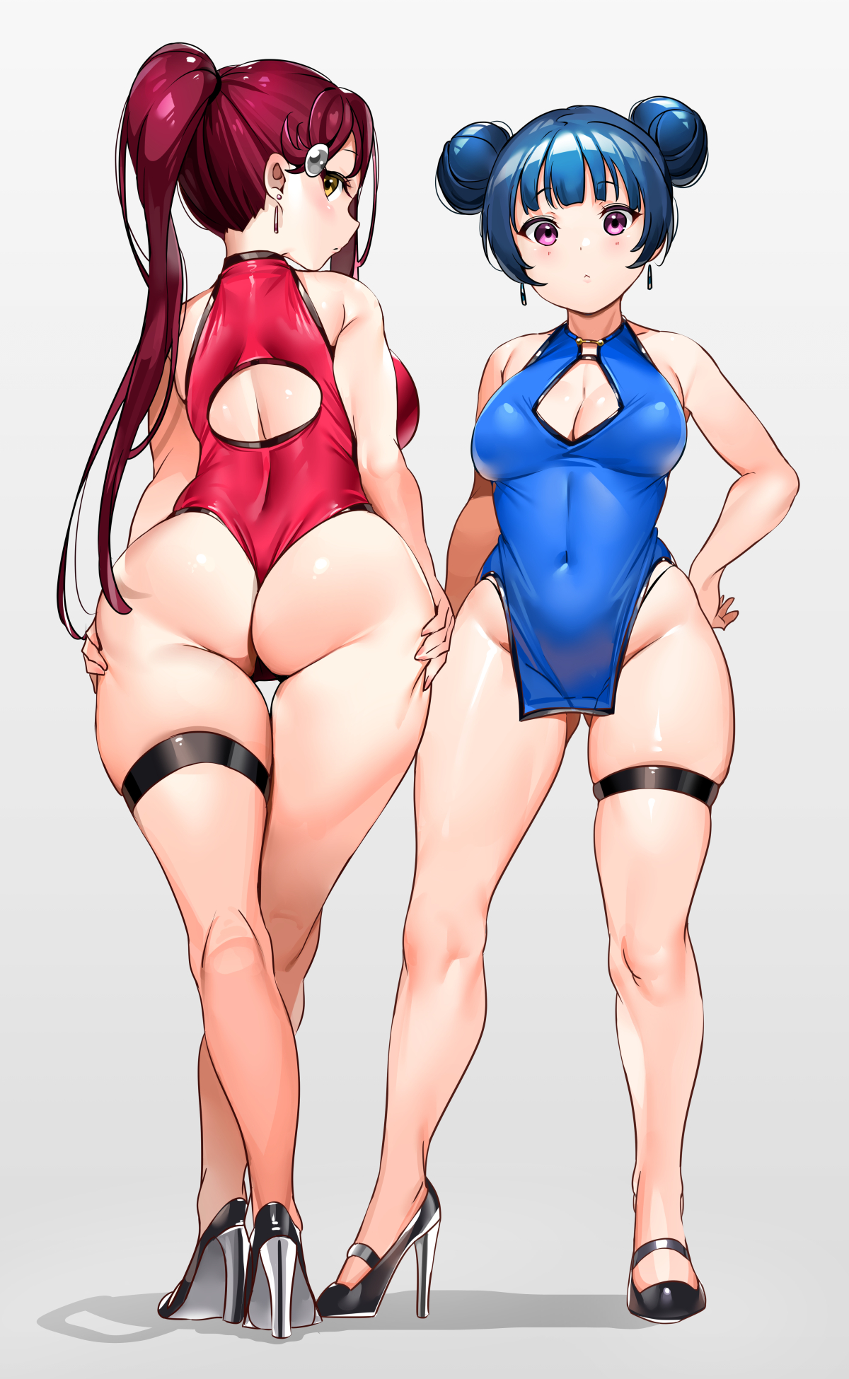 2girls, alternate hairstyle, ass, ass grab, big ass, blue hair, breasts, chinese clothes, earrings, female, hair ornament, high heels, large breasts, looking at viewer, looking back, love live!, love live! sunshine!!, plump, plump ass, purple eyes, red hair, sakurauchi riko, tem10, thick thighs, thigh bulge, thigh squish, thigh strap, tsushima yoshiko, yellow eyes