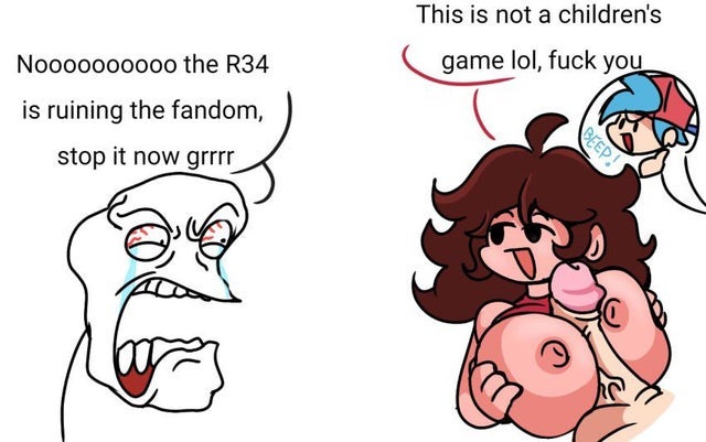 angry face, areolae, artstyle imitation, boobjob, boyfriend (friday night funkin), breasts, female, friday night funkin, girlfriend (friday night funkin), huge cock, male, meme, paizuri, penis