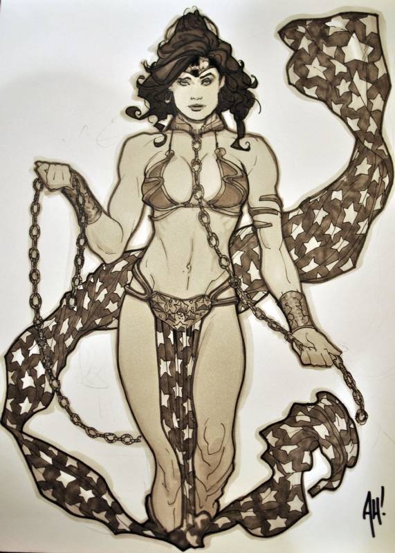 adam_hughes belly_dancer belly_dancer_outfit black_hair chain_leash cleavage crossover_cosplay dancer dancer_outfit dc dc_comics diana_prince fit_female harem_girl harem_outfit large_breasts long_hair looking_at_viewer slave slave_bikini slave_collar slave_leia_(cosplay) slave_outfit slavegirl star_wars wonder_woman wonder_woman_(series)