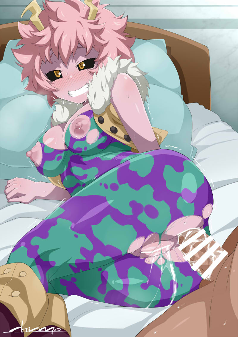 1boy, 1girls, anal, anal penetration, anal sex, bed, bodysuit, boots, breasts, buttsex, censor bar, censored, censored pussy, chicago-x, clothed female nude male, faceless male, female, hero outfit (mha), legs together, male, mina ashido, my hero academia, nipples, on side, penis, pink hair, pink skin, pink-haired female, pussy, ripped clothing, sex, straight, torn clothes