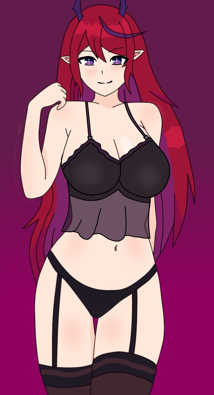 alternate_version_available anime_onegai artist_request babydoll big_breasts black_thong blush dengeki_onegai female female_only hoku_roboto horn latam_virtual_youtuber lingerie long_hair looking_at_viewer pointy_ears purple_eyes red_hair simple_background smile succubus thighhighs two_tone_hair virtual_youtuber