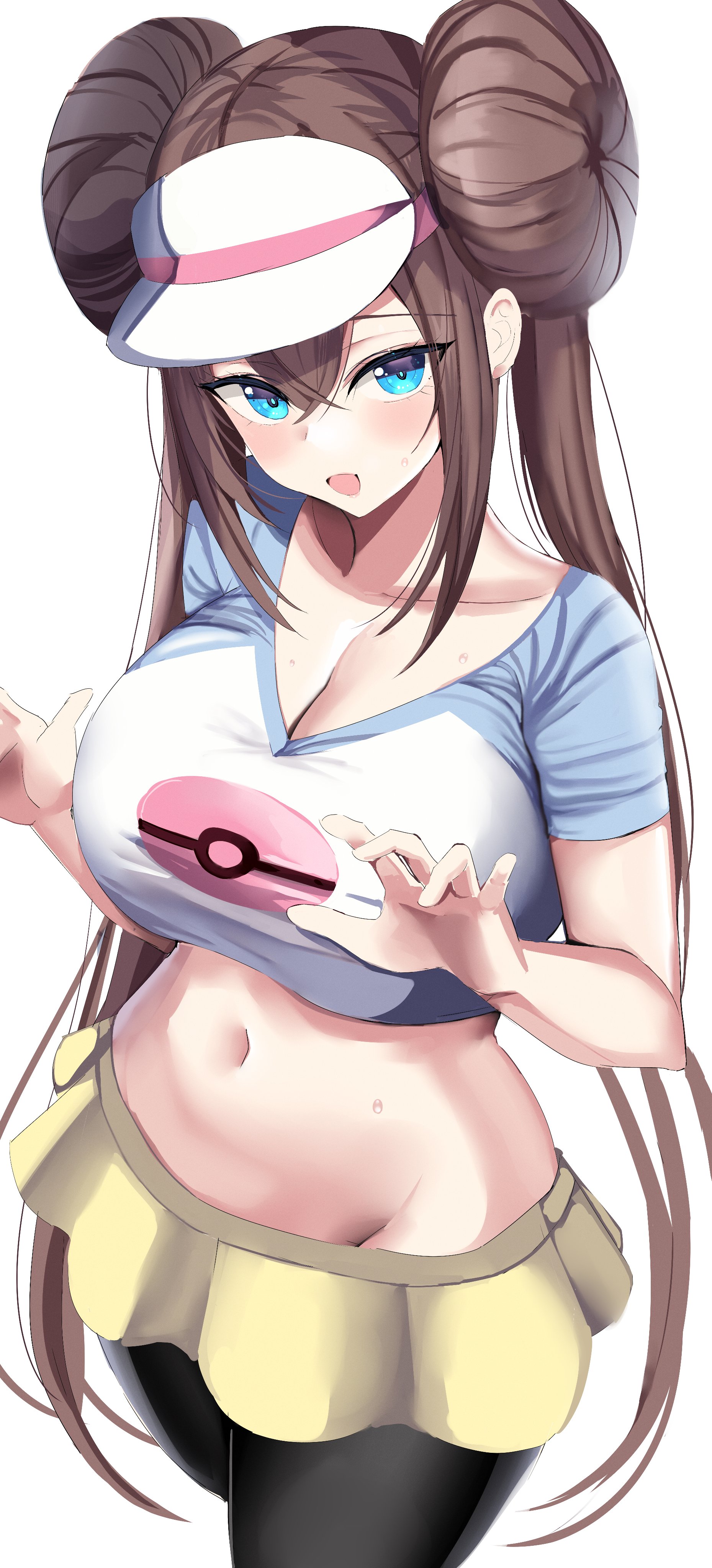 absurdres, adamant369, bangs, black legwear, blue eyes, breasts, brown hair, cleavage, clothing cutout, creatures (company), crop top, double bun, female, game freak, hanasaka houcha, higher resolution available, highres, large breasts, leggings, looking at viewer, miniskirt, navel, navel cutout, nintendo, open mouth, pokemon, pokemon (game), pokemon bw2, rosa (pokemon), skirt, solo, visor cap